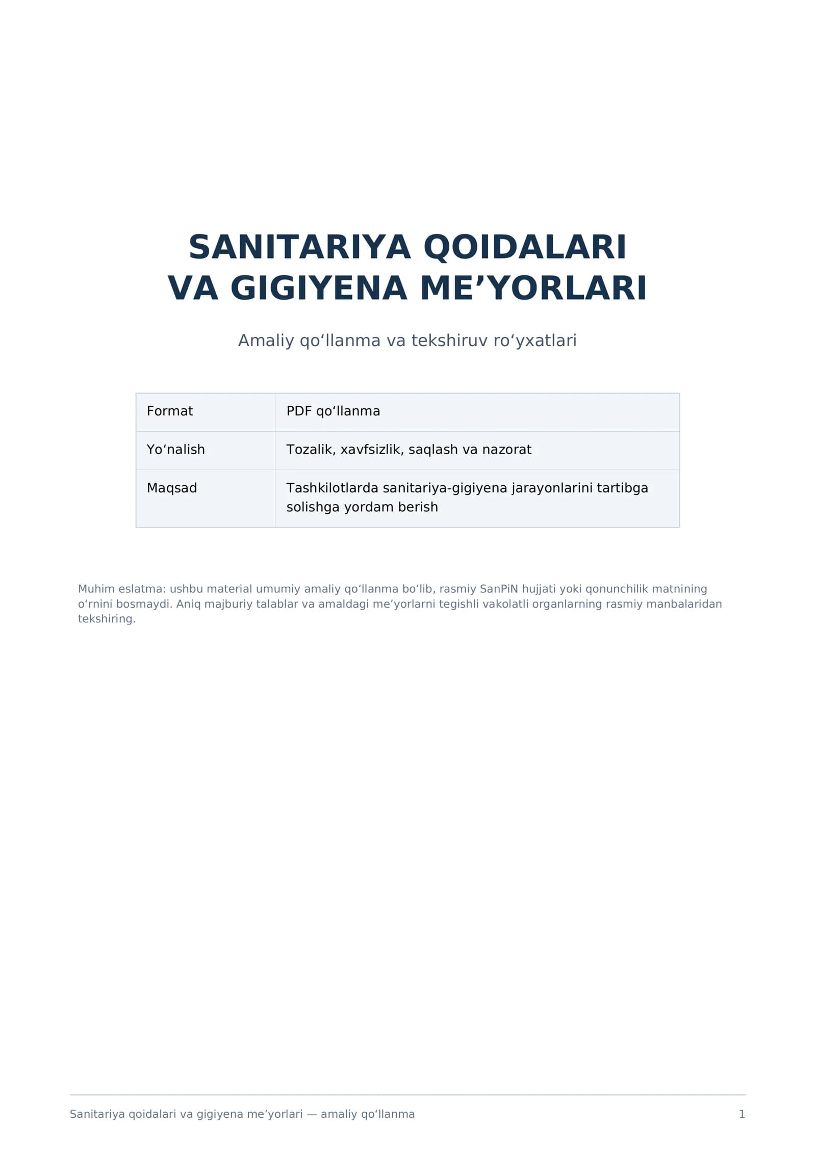 Sanitariya qoidalari va gigiyena me’yorlari