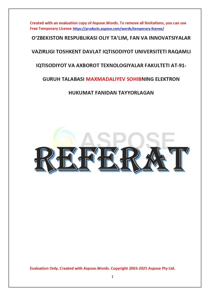 Elektron hukumat bo‘yicha referat