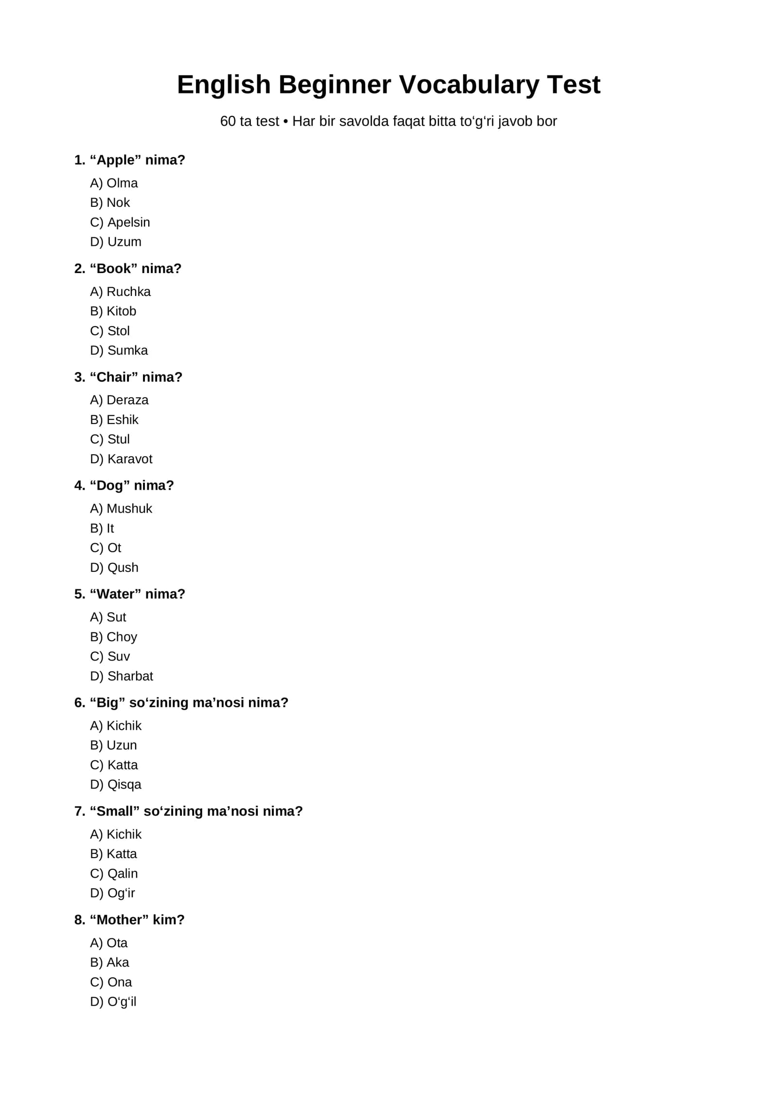 English Beginner Vocabulary Test — 60 Questions with Answers