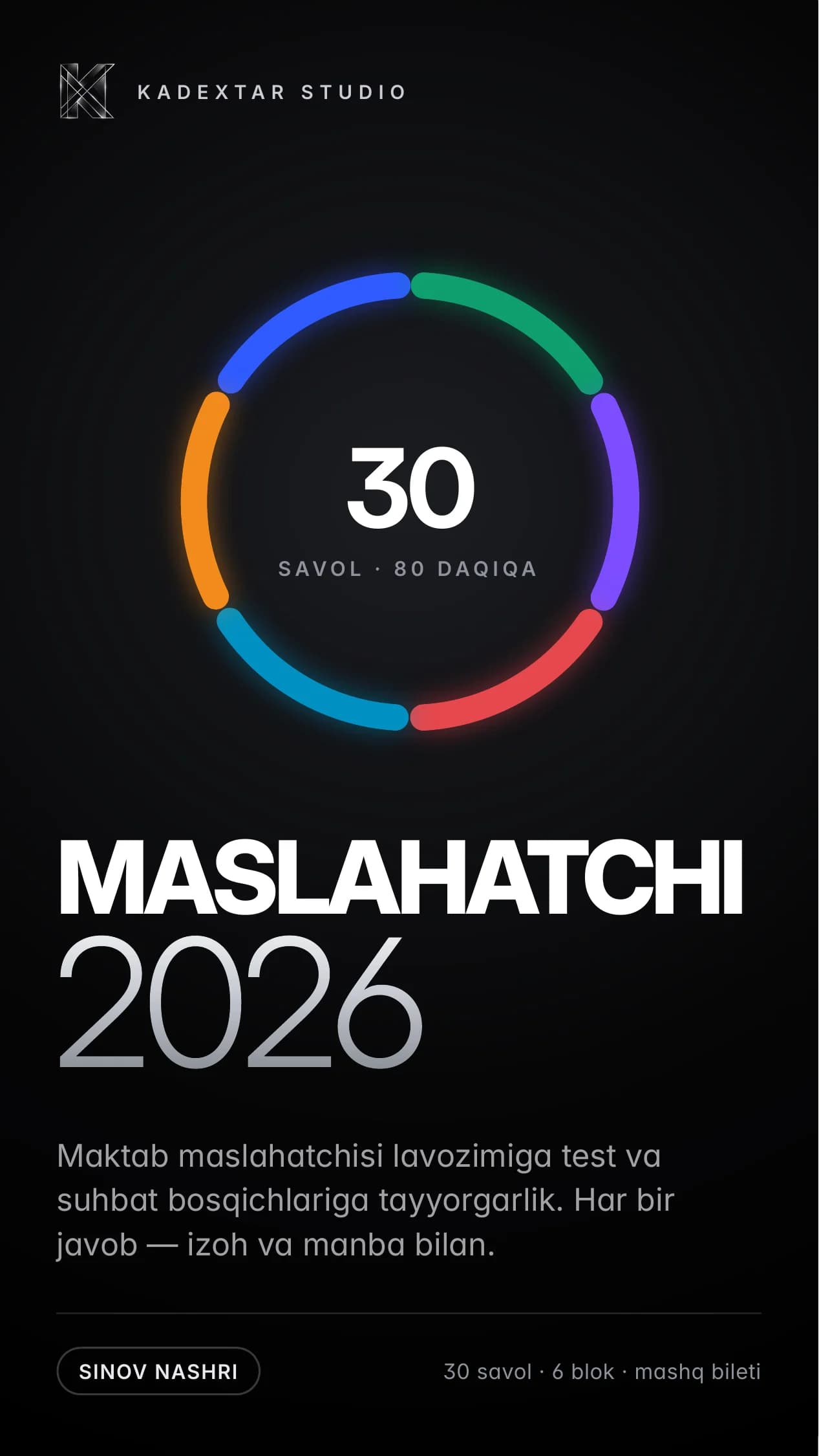 MASLAHATCHI 2026 — bepul sinov nashri: 30 savol, izoh bilan (maktab maslahatchisi testi)
