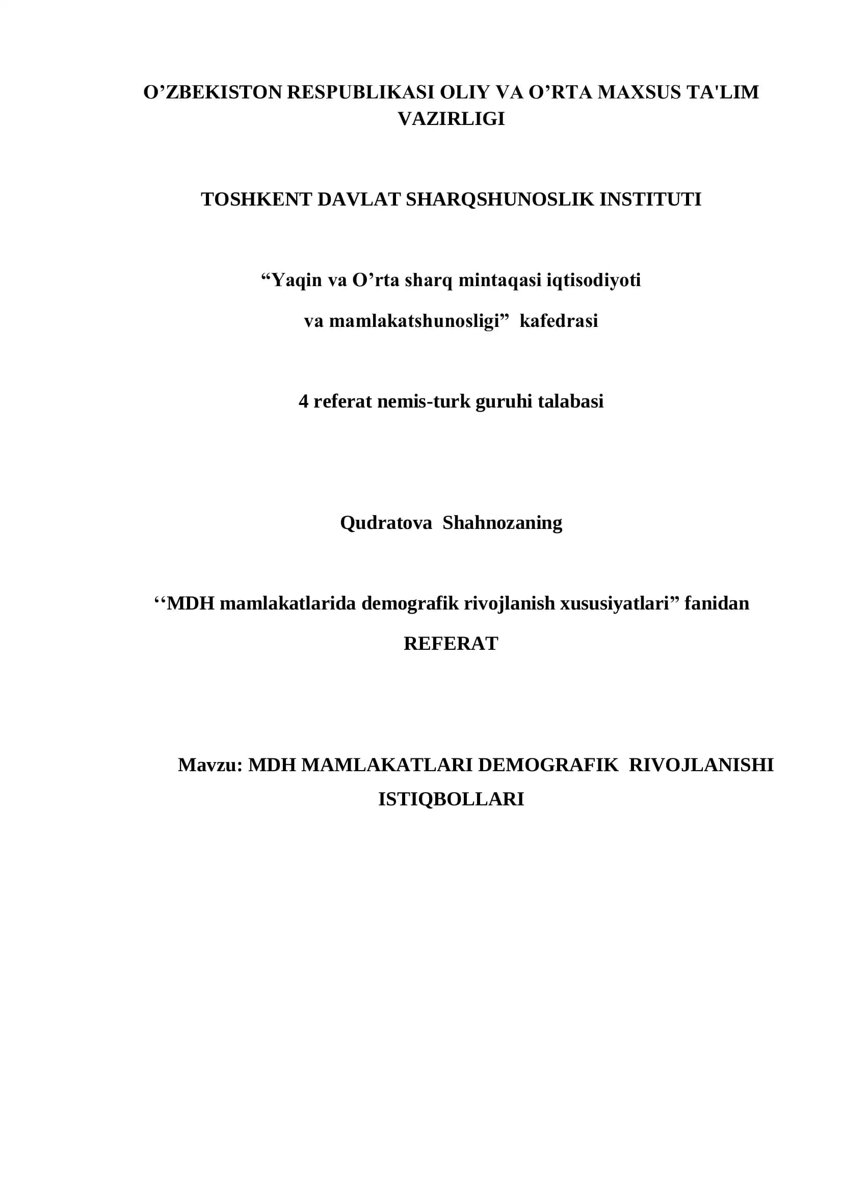 MDH MAMLAKATLARI DEMOGRAFIK RIVOJLANISHI ISTIQBOLLARI
