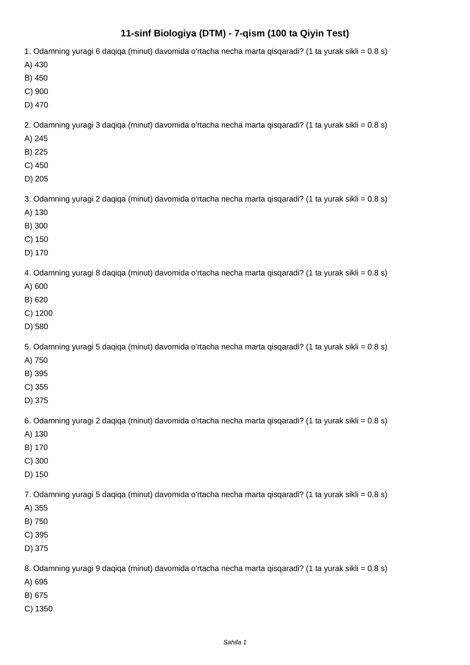 11-sinf Biologiya (DTM) - 7-qism (100 ta Qiyin Test)