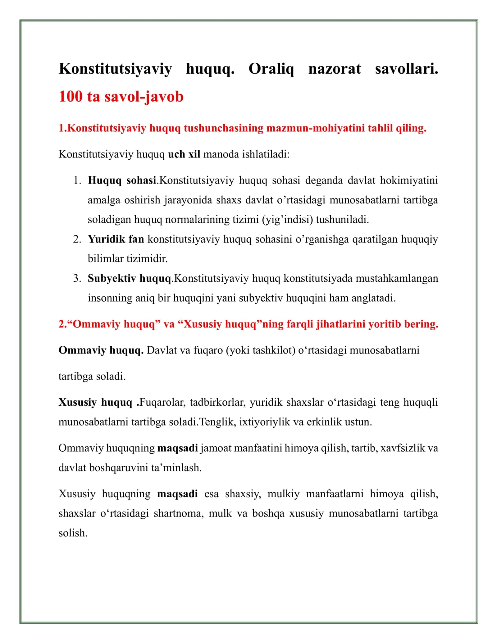 Konstitutsiyaviy huquq. Oraliq nazorat savollari