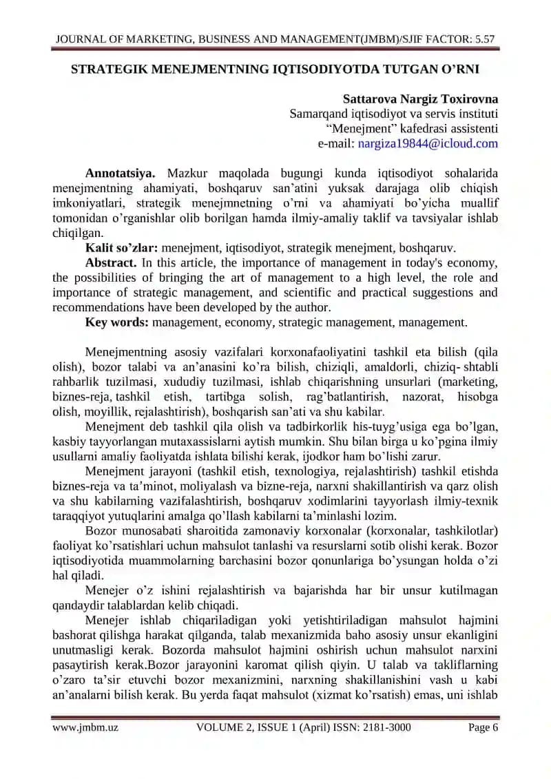 STRATEGIK MENEJMENTNING IQTISODIYOTDA TUTGAN O’RNI
