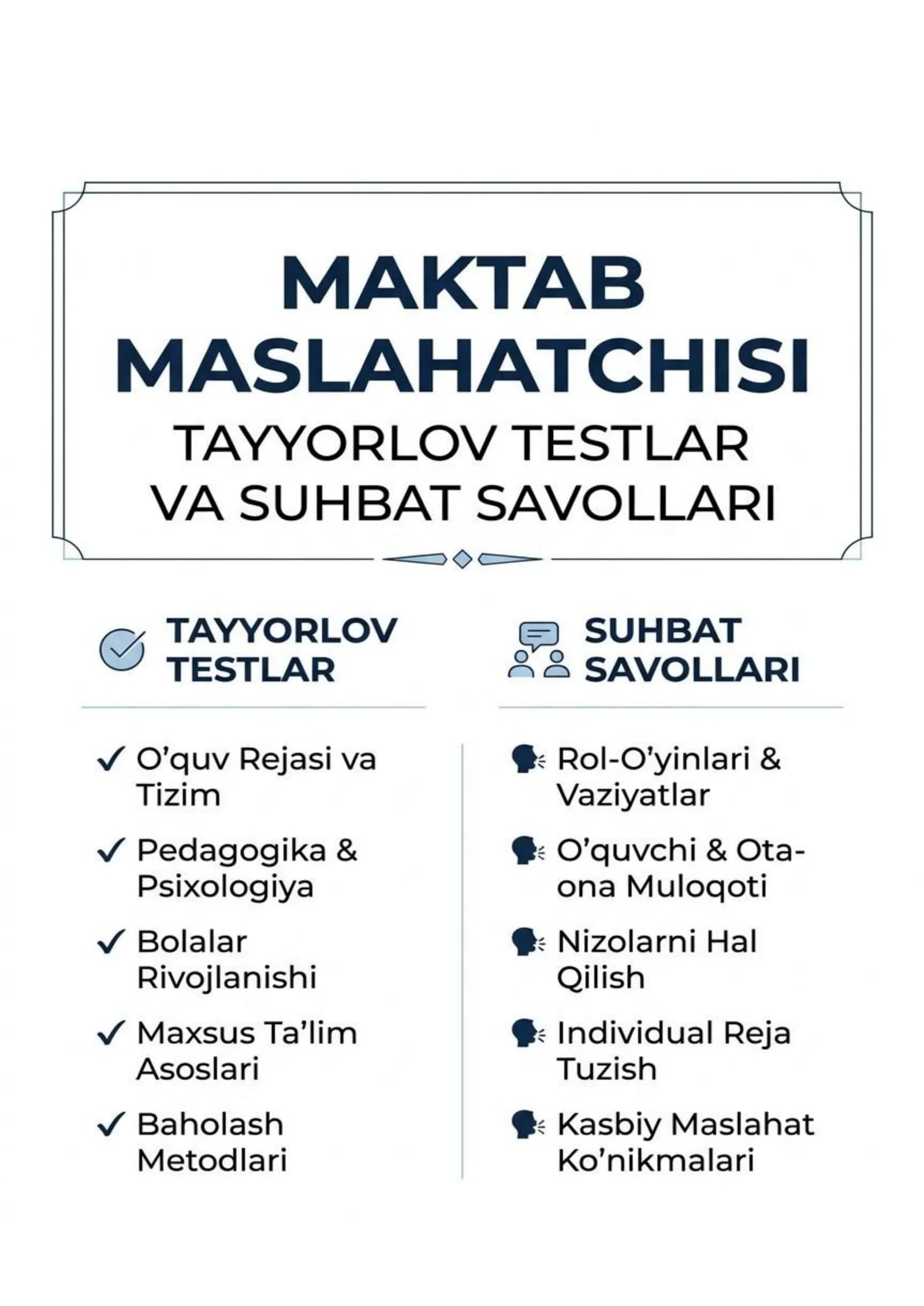 Maktab maslahatchisi - testlar va suhbat savollari