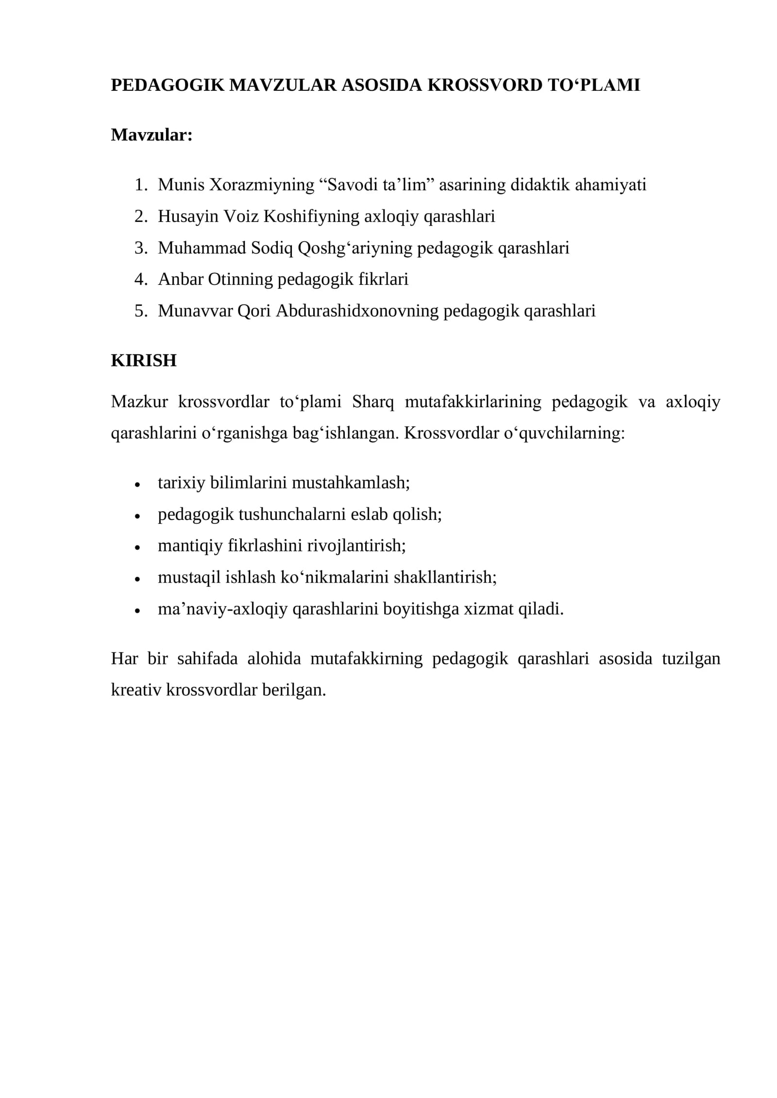 PEDAGOGIK MAVZULAR ASOSIDA KROSSVORD TO‘PLAMI