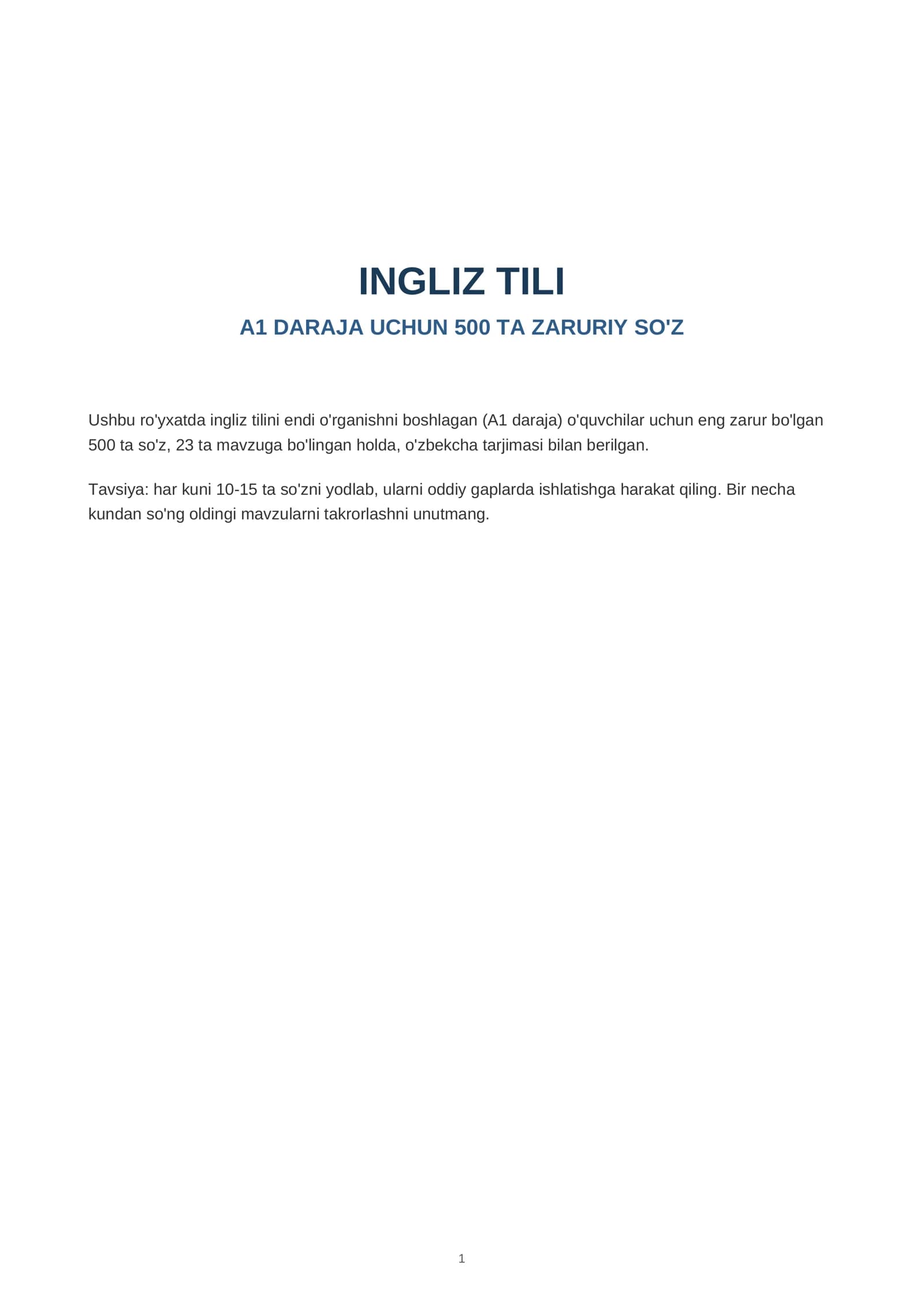 INGLIZ TILI A1 DARAJA UCHUN 500 TA ZARURIY SO'Z