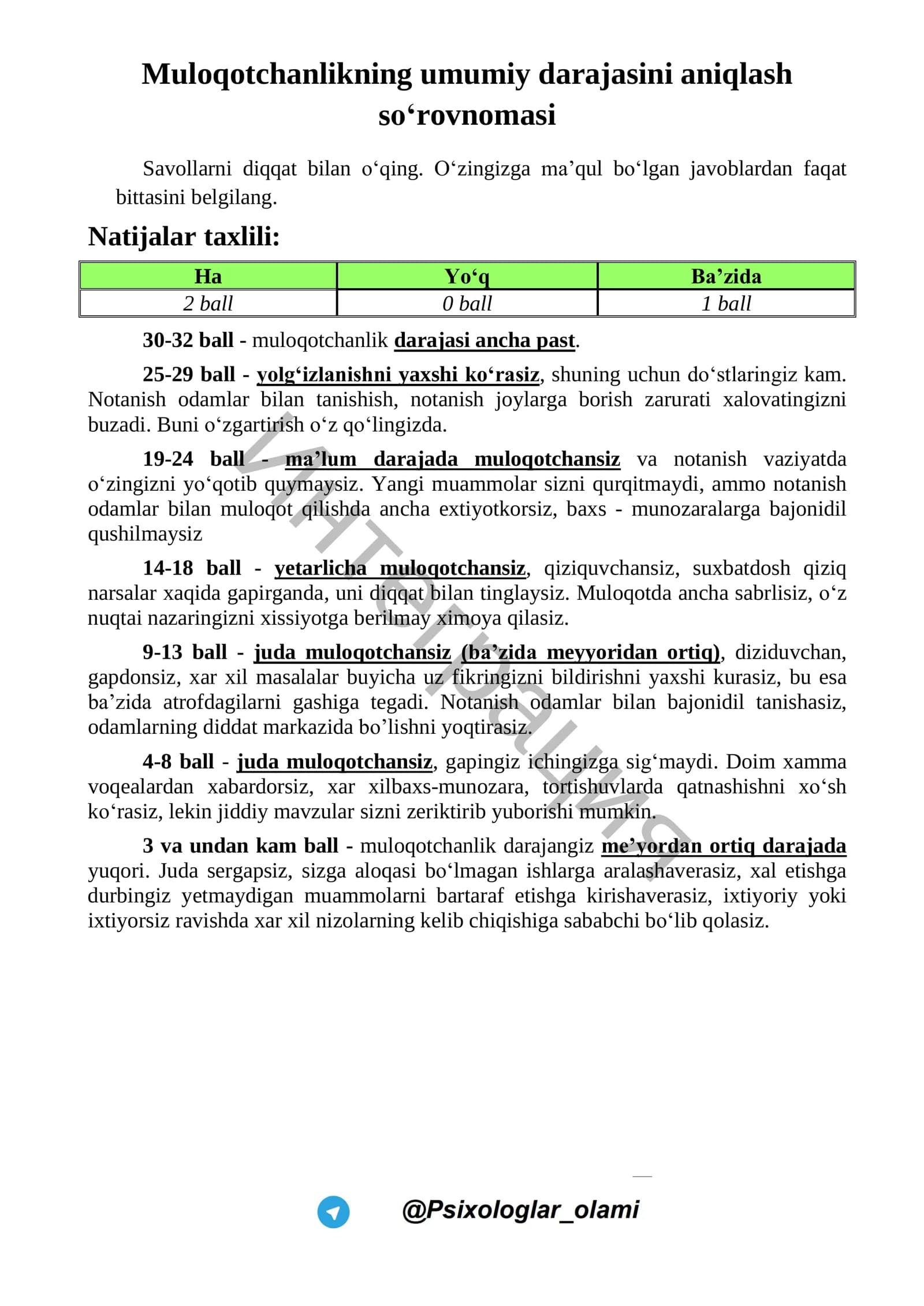 Muloqotchanlikning umumiy darajasini aniqlash so‘rovnomasi