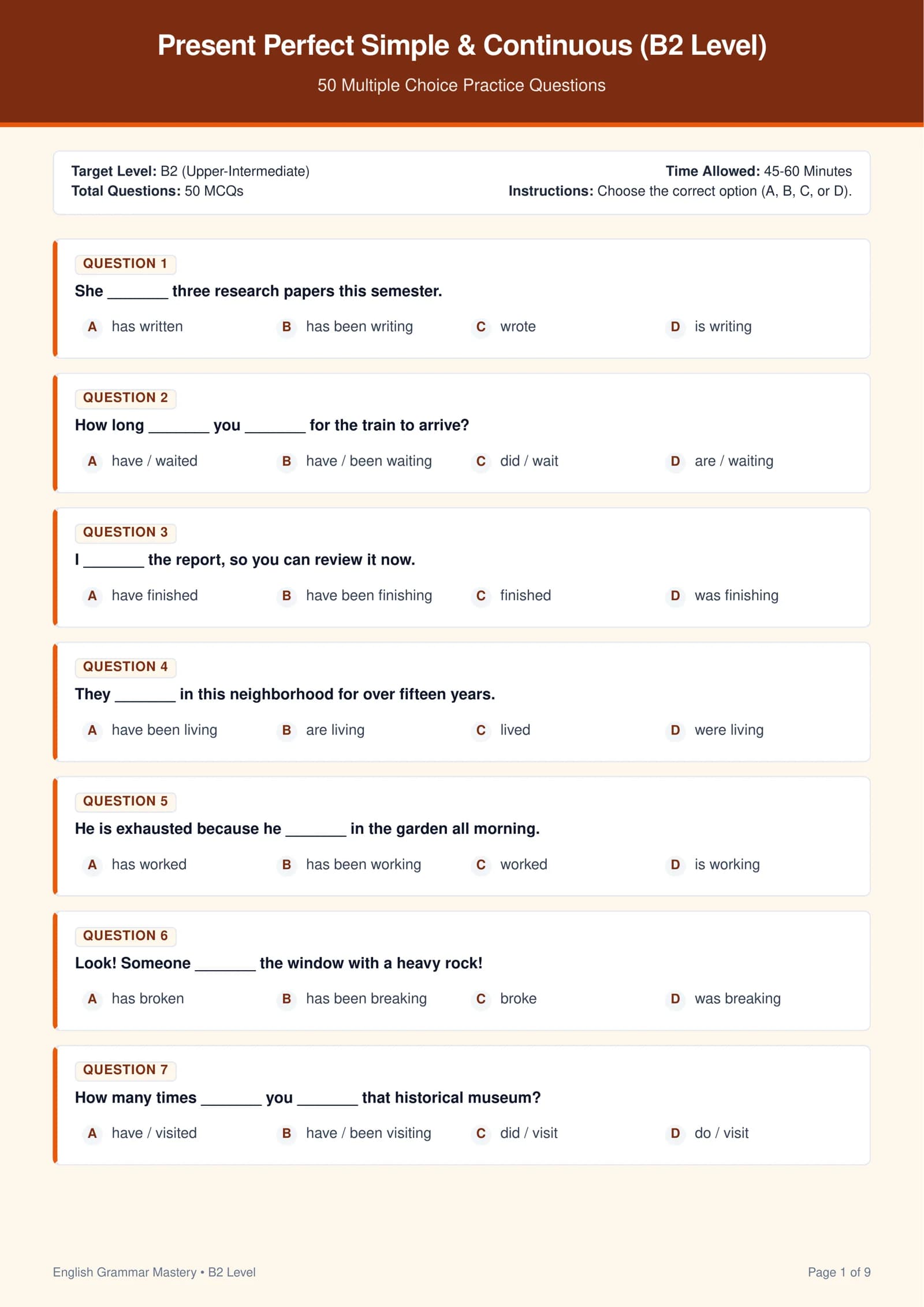Present Perfect Simple & Present Perfect Continuous (B2 Level) — 50 Ta Test