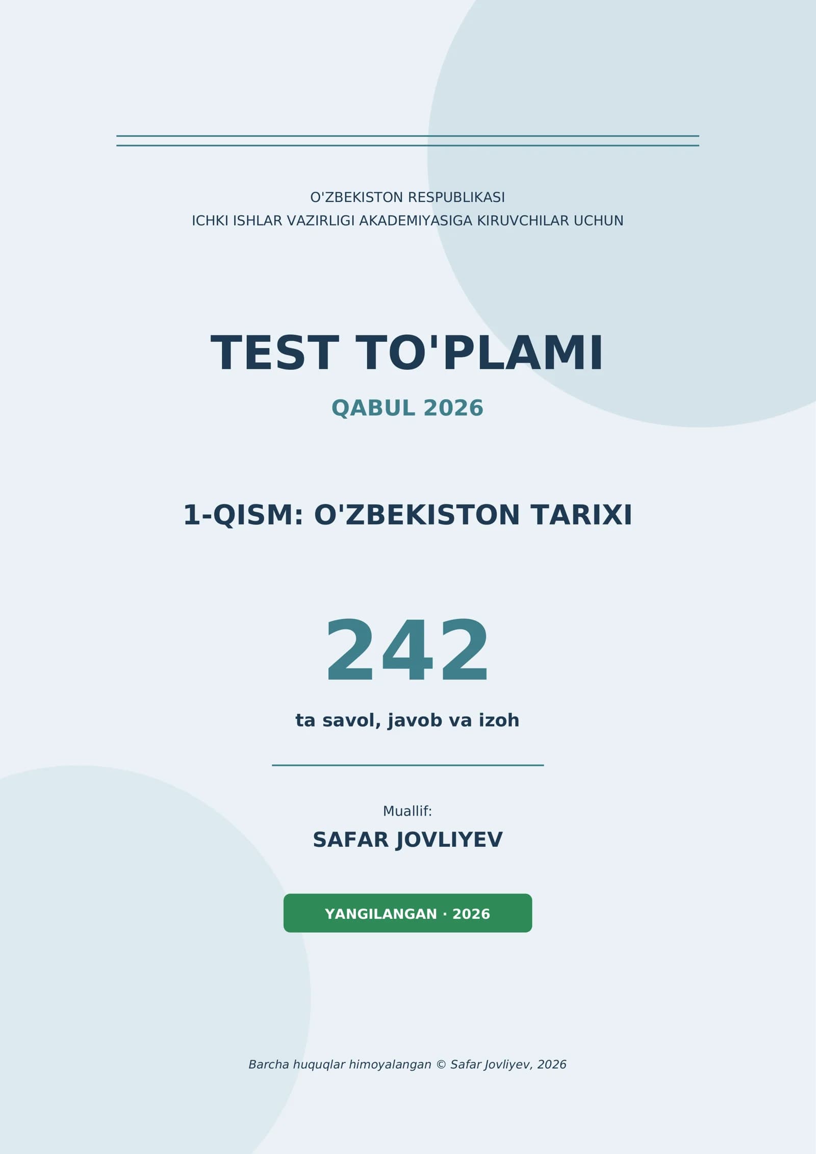 Test to'plami 1-qism: O'zbekiston tarixi