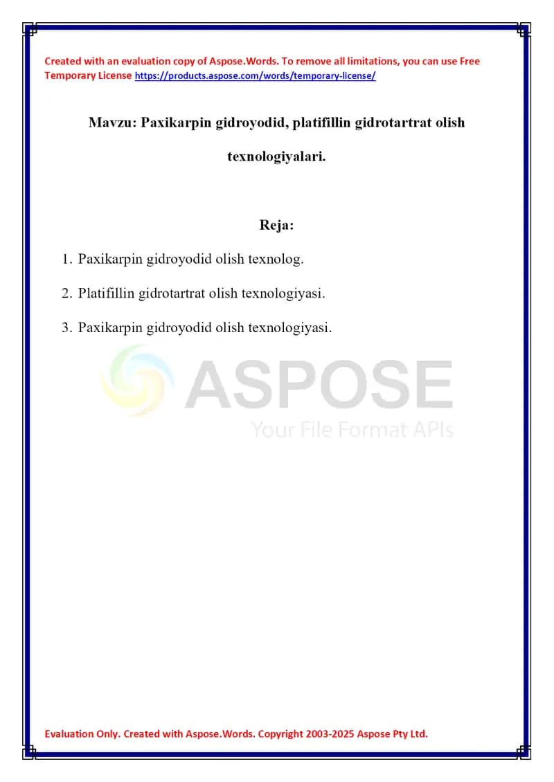 Paxikarpin gidroyodid, platifillin gidrotartrat olish texnologiyalari