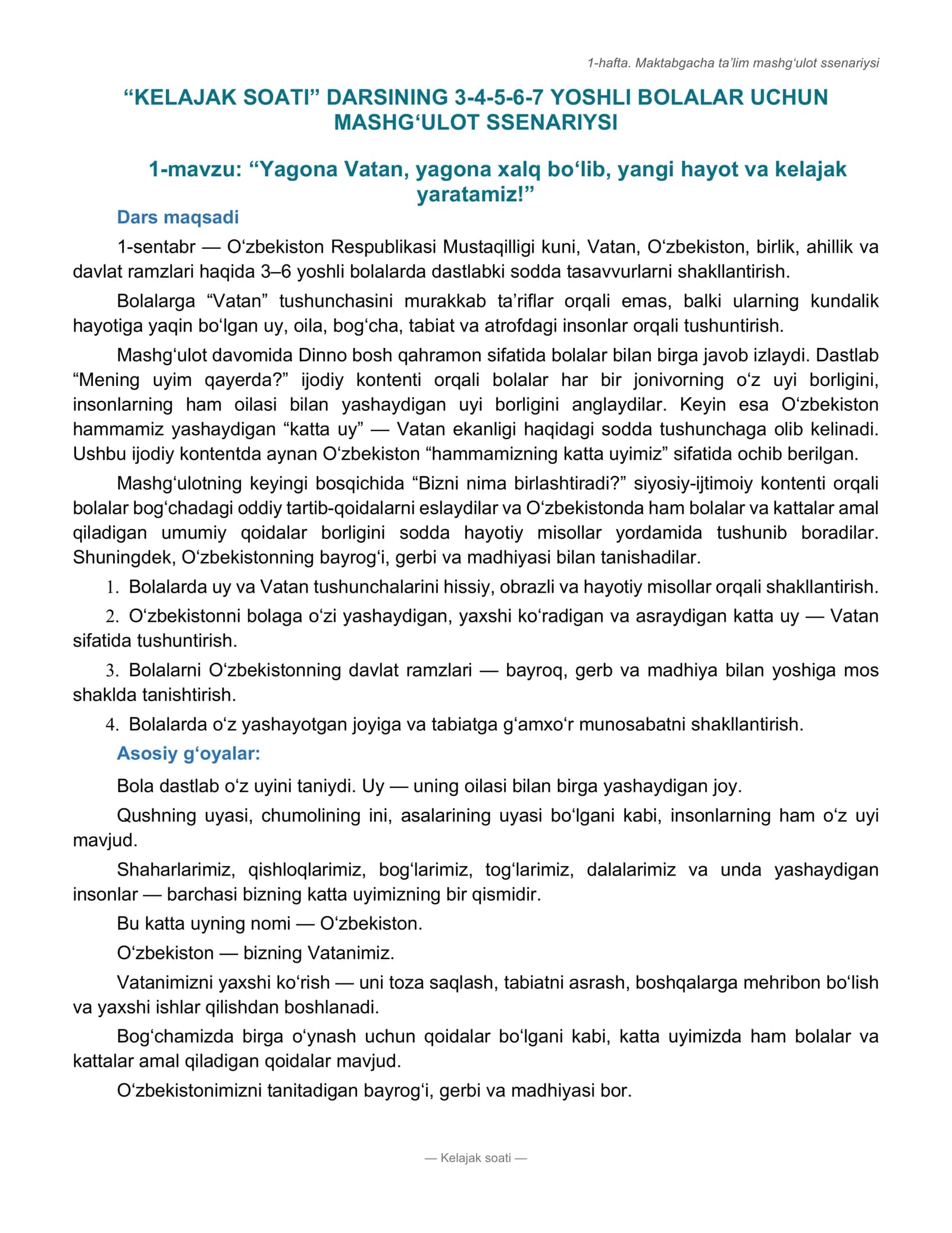 1-hafta. Maktabgacha ta’lim mashg‘ulot ssenariysi
