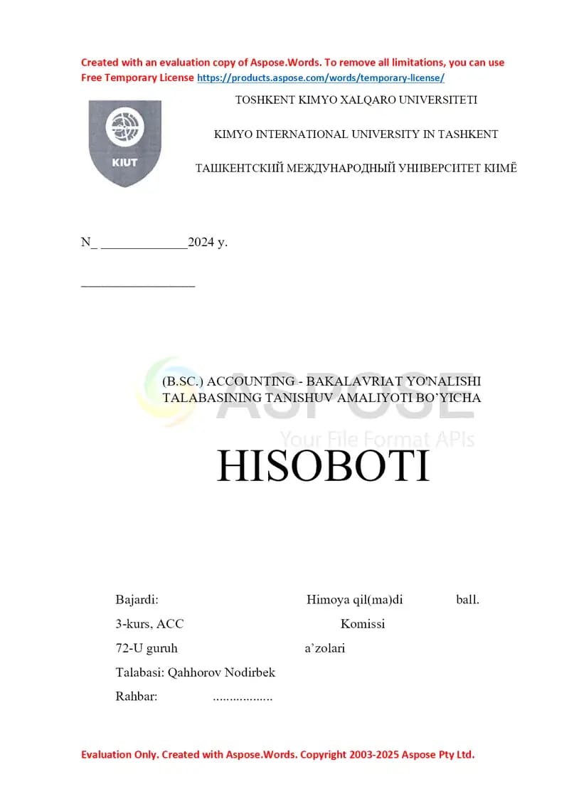 AMALIYOT HISOBOTI.•	Tashkilot nomi: “RUSTAM FID KOMPLEKS” MCHJ•	Tashkilot shakli: Mas’uliyati cheklangan jamiyat (MCHJ)
•	Faoliyat turi: Sport ob’ektlari faoliyati