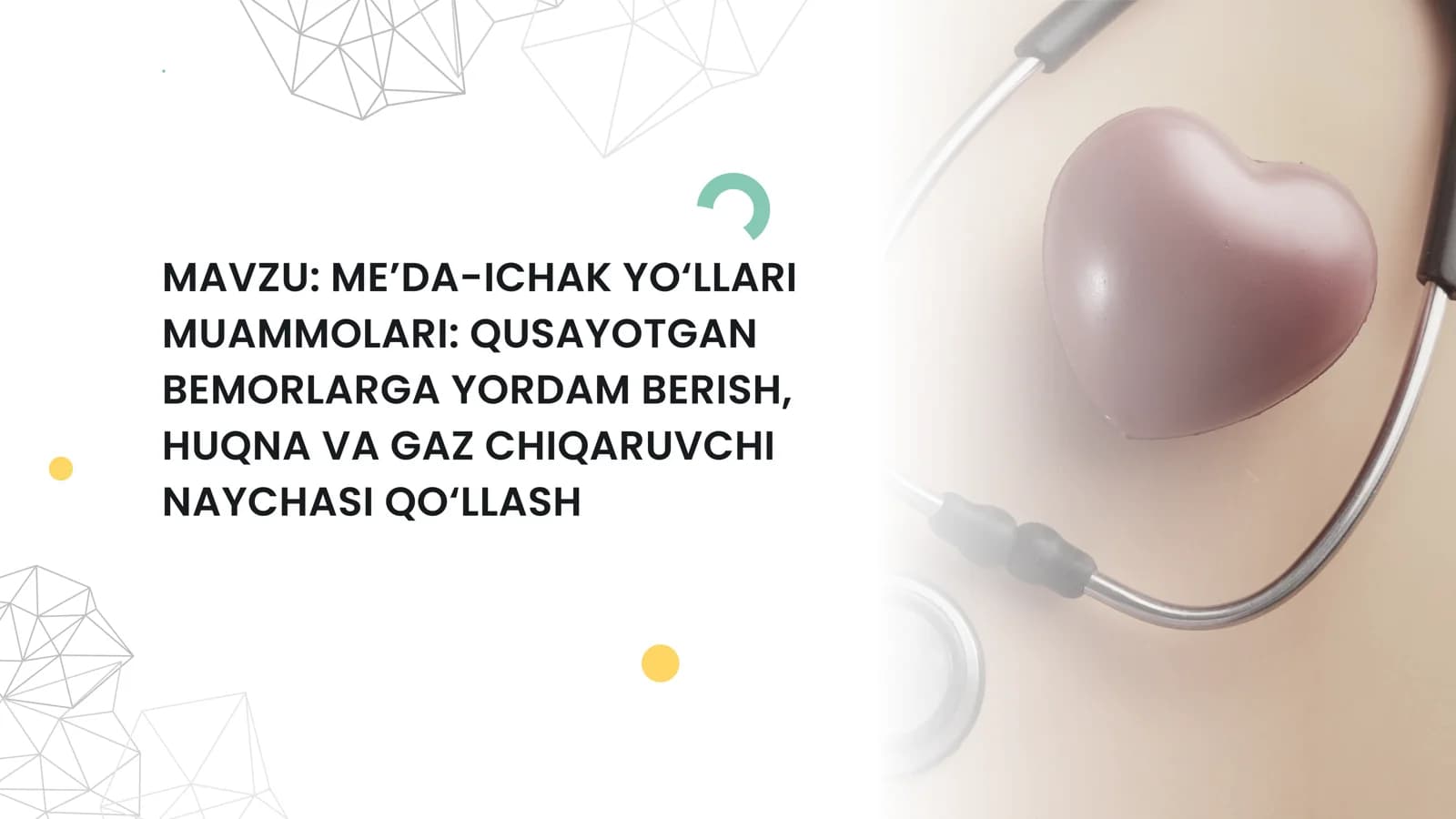 ME’DA-ICHAK YO‘LLARI MUAMMOLARI: QUSAYOTGAN BEMORLARGA YORDAM BERISH, HUQNA VA GAZ CHIQARUVCHI NAYCHASI QO‘LLASH