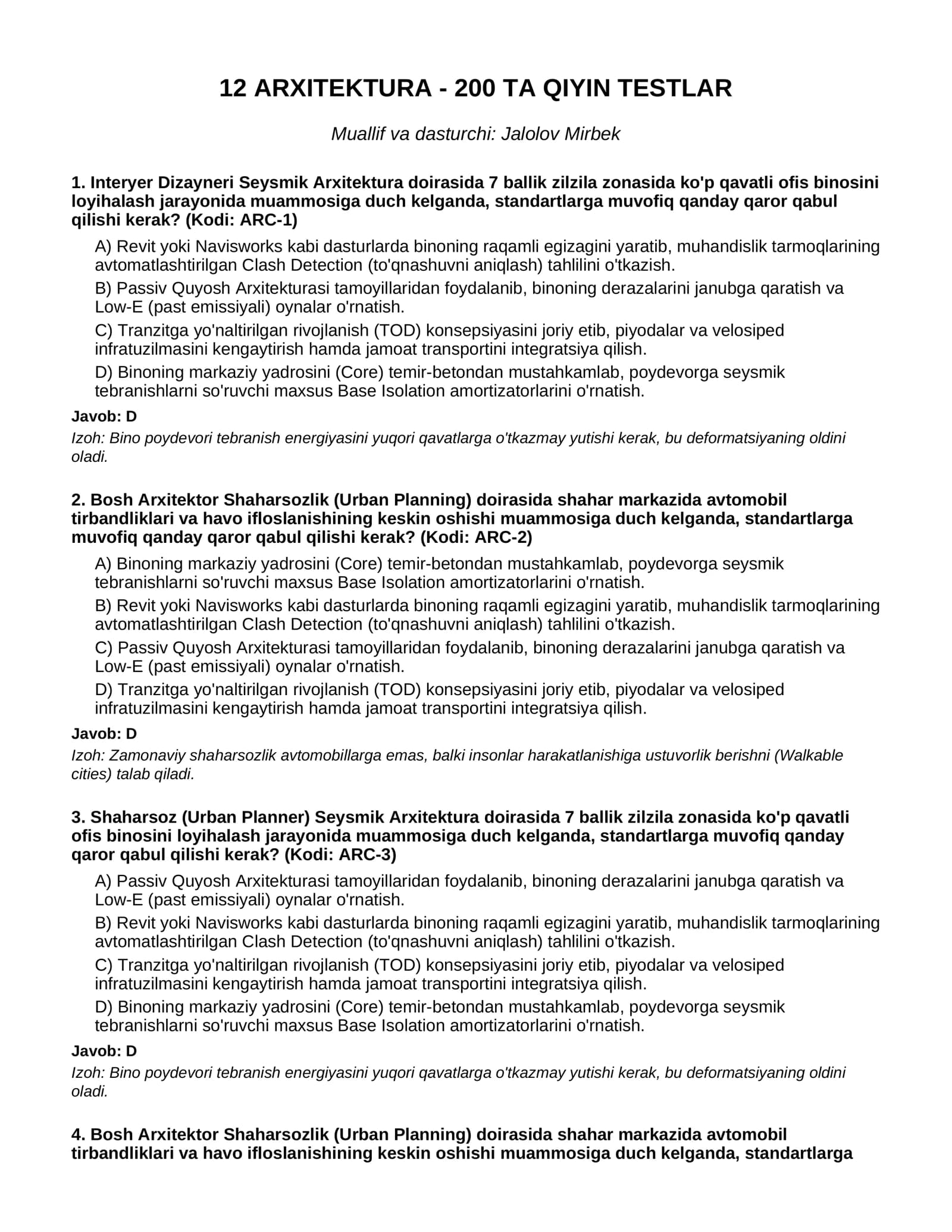 12 ARXITEKTURA - 200 TA QIYIN TESTLAR