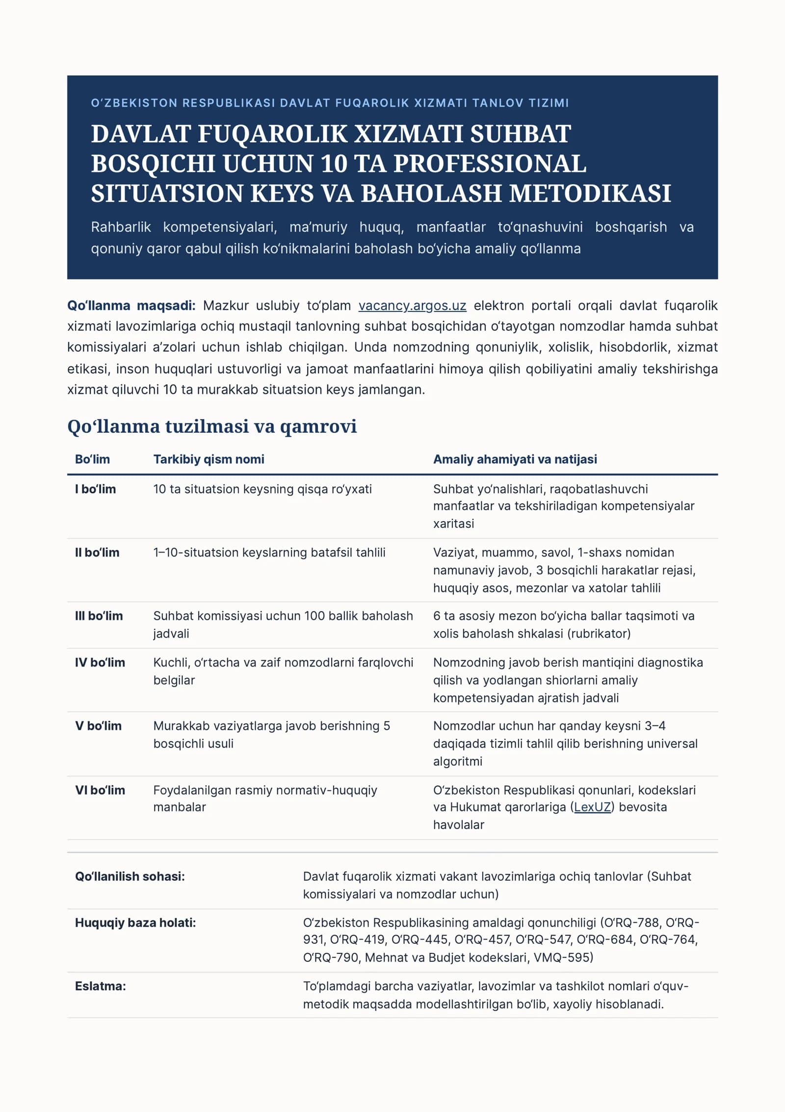 vacancy.argos.uz suhbati uchun 10 ta situatsion keys va qonuniy javoblar to‘plami (PDF)