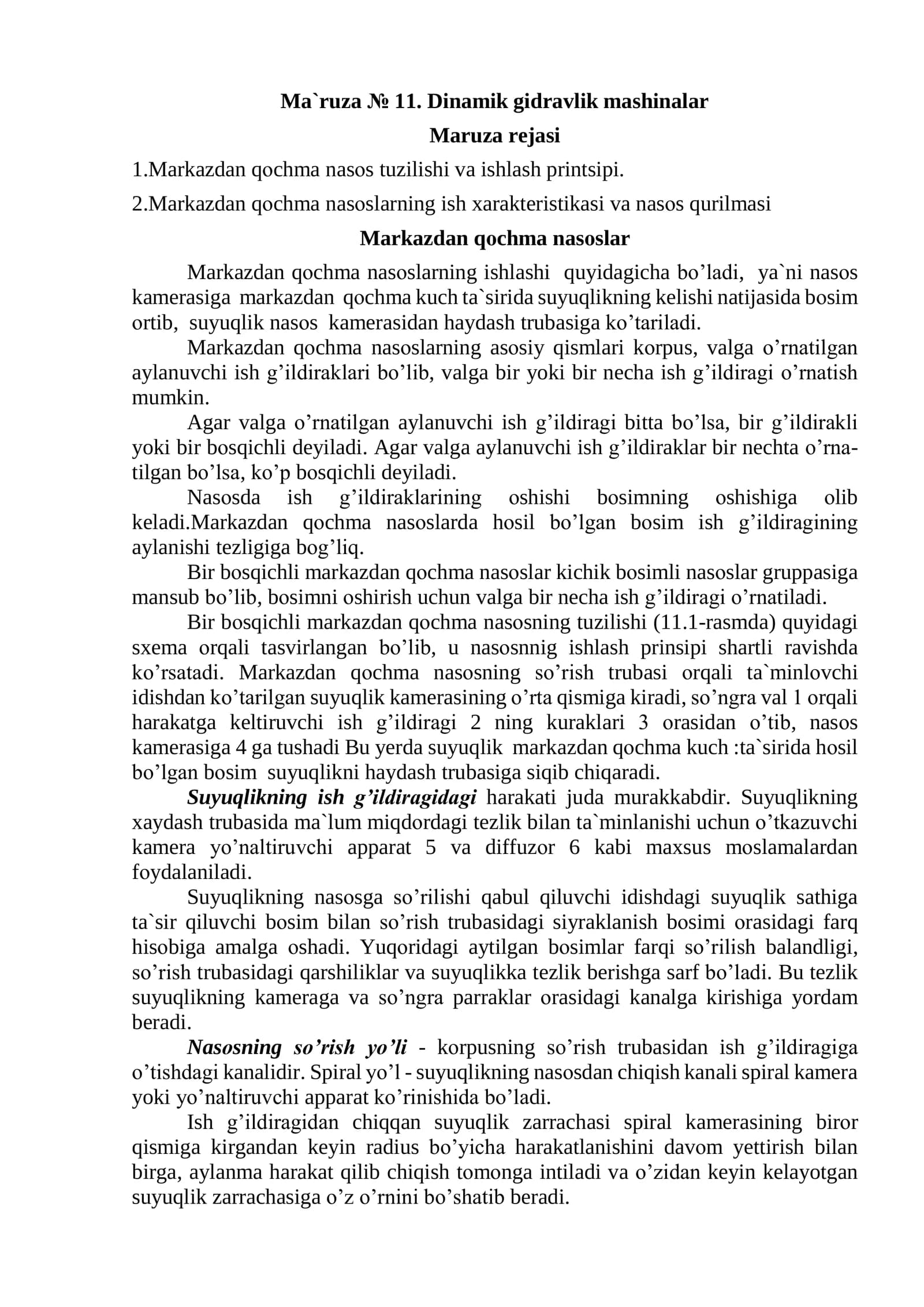 Ma`ruza № 11. Dinamik gidravlik mashinalar