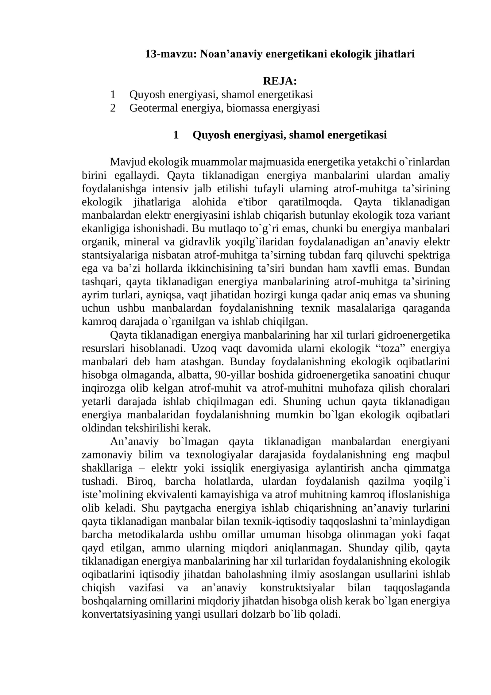 Noan’anaviy energetikani ekologik jihatlari