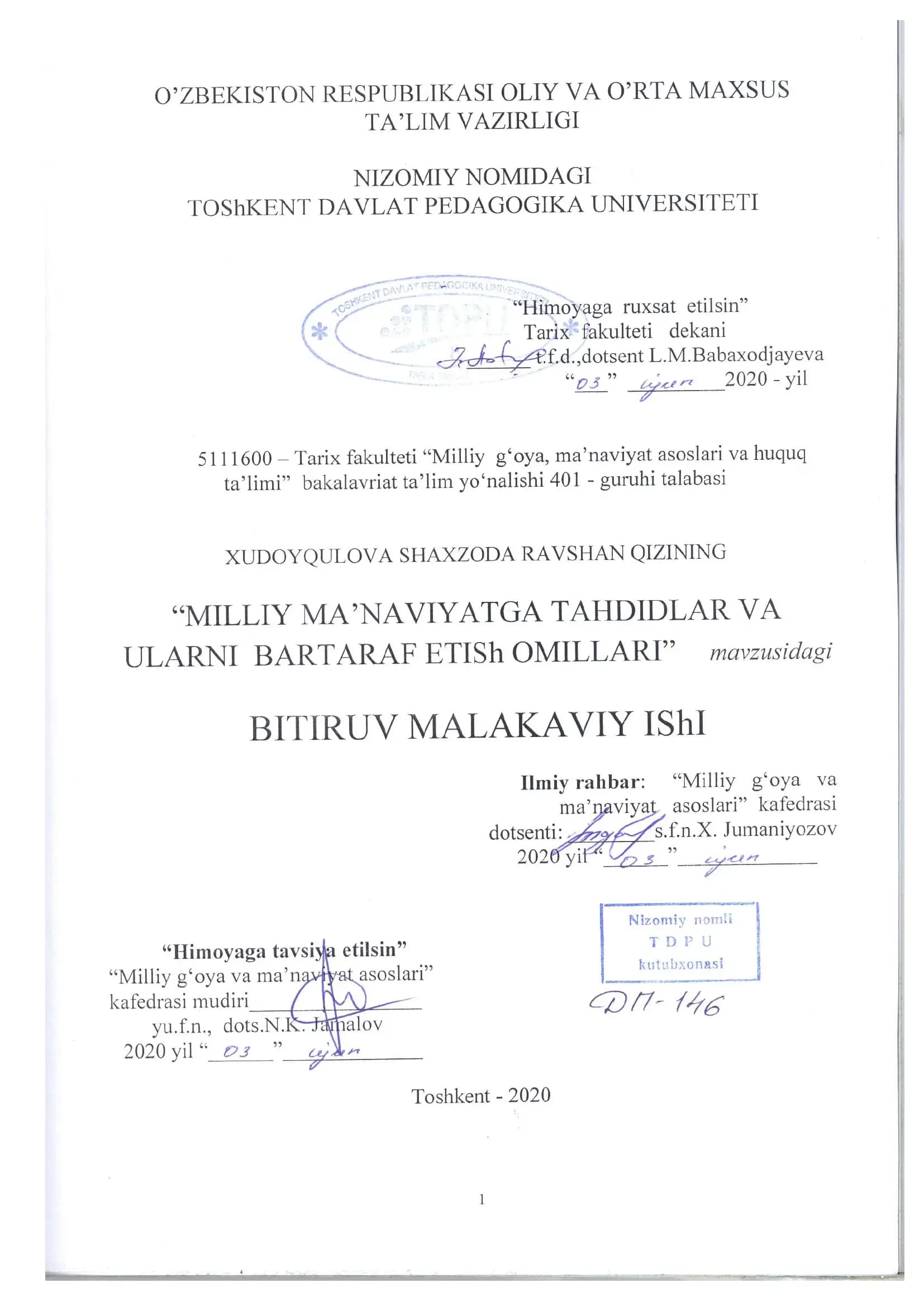 "MILLIY MA’NAVIYATGA TAHDIDLAR VA ULARNI BARTARAF ETISh OMILLARI" BITIRUV MALAKAVIY IShI