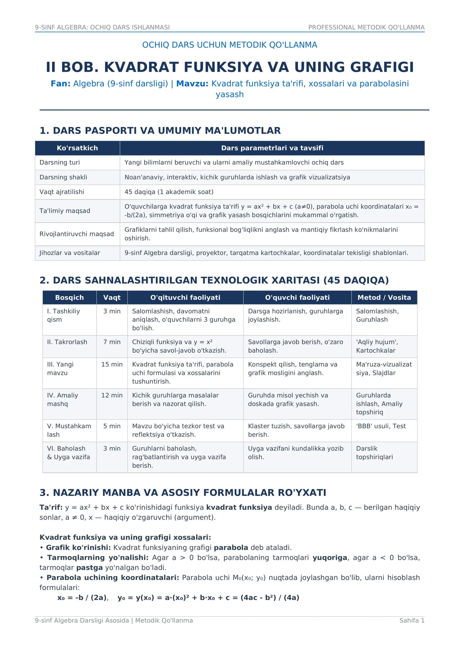 9-sinf MATEMATIKA OCHIQ DARS UCHUN QO'LLANMA "KVADRAT FUNKSIYA VA UNING GRAFIGI"