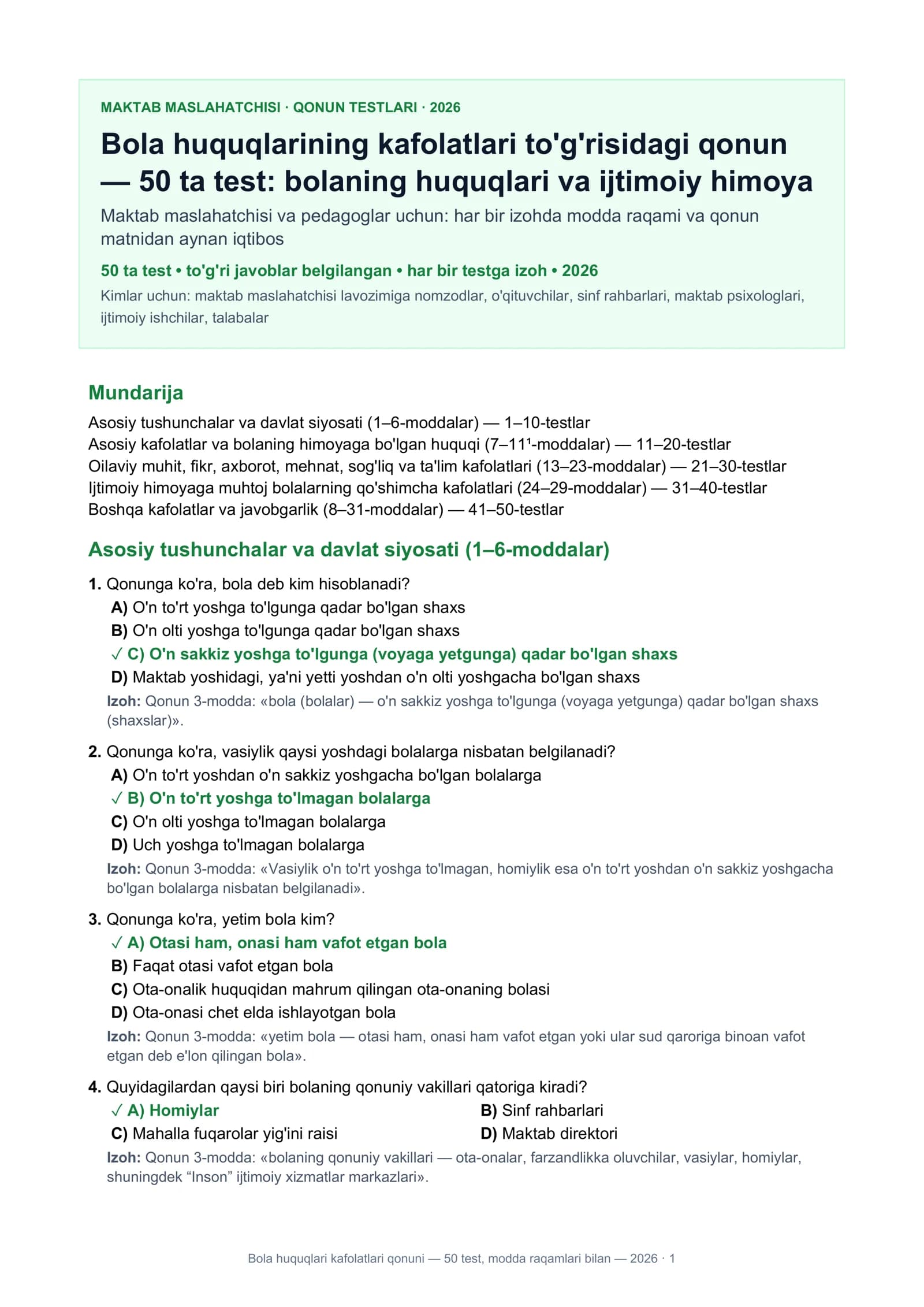 Bola huquqlari kafolatlari qonuni — 50 test, modda raqamlari bilan