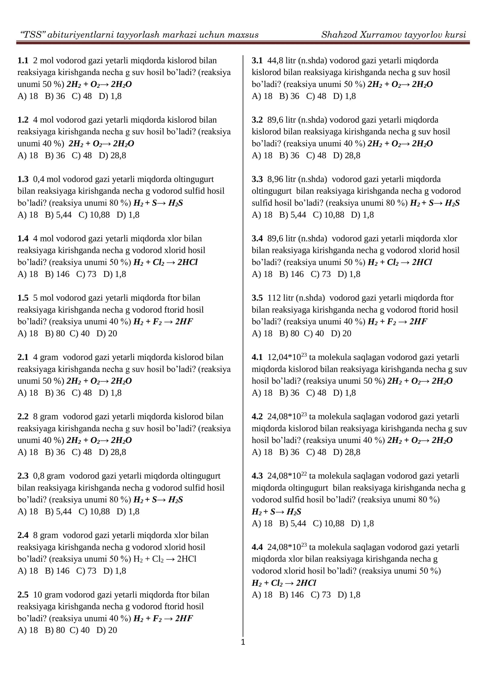 Kimyodan maxsus masalalar to'plami DTM FORMATIDA KALITI bilan