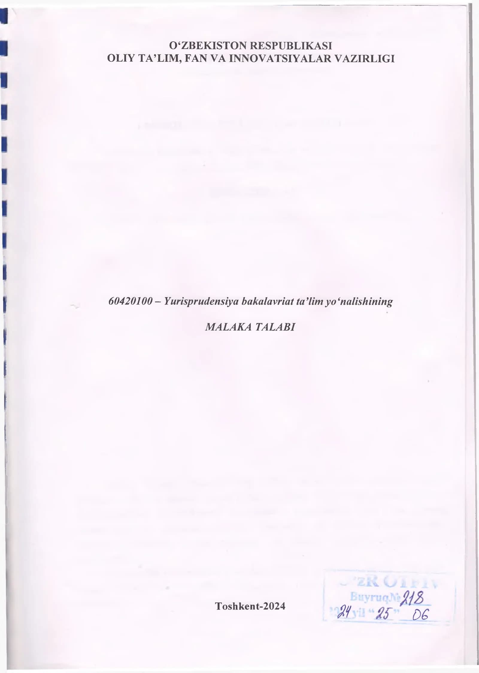 60420100 - Yurisprudensiya bakalavriat ta’lim yo‘nalishining MALAKA TALABI