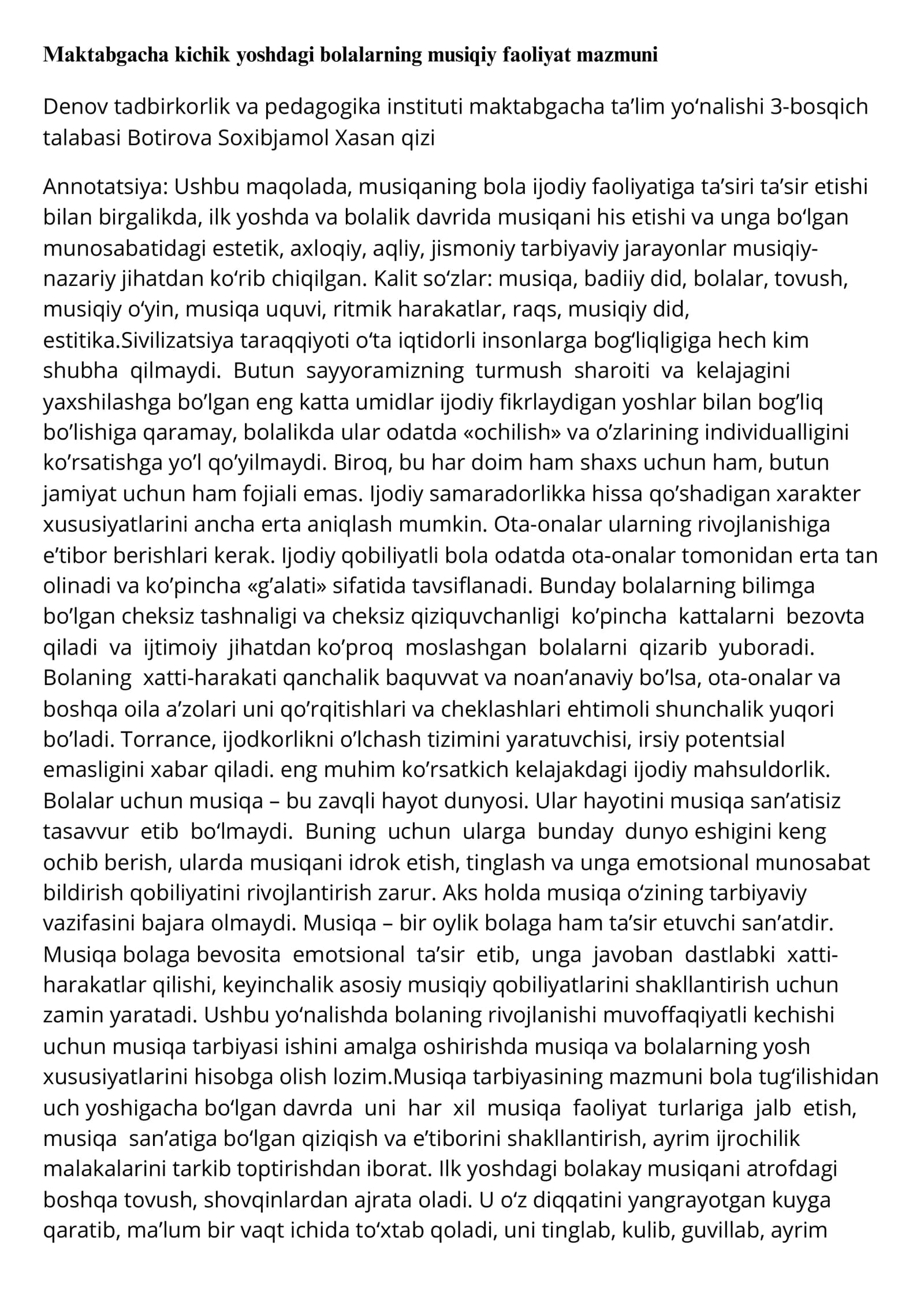 Maktabgacha kichik yoshdagi bolalarning musiqiy faoliyat mazmuni