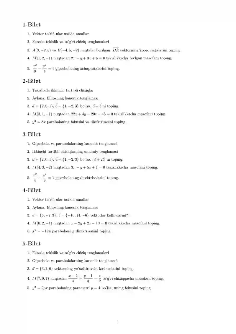 Analitik geometiyadan oraliq biletlati