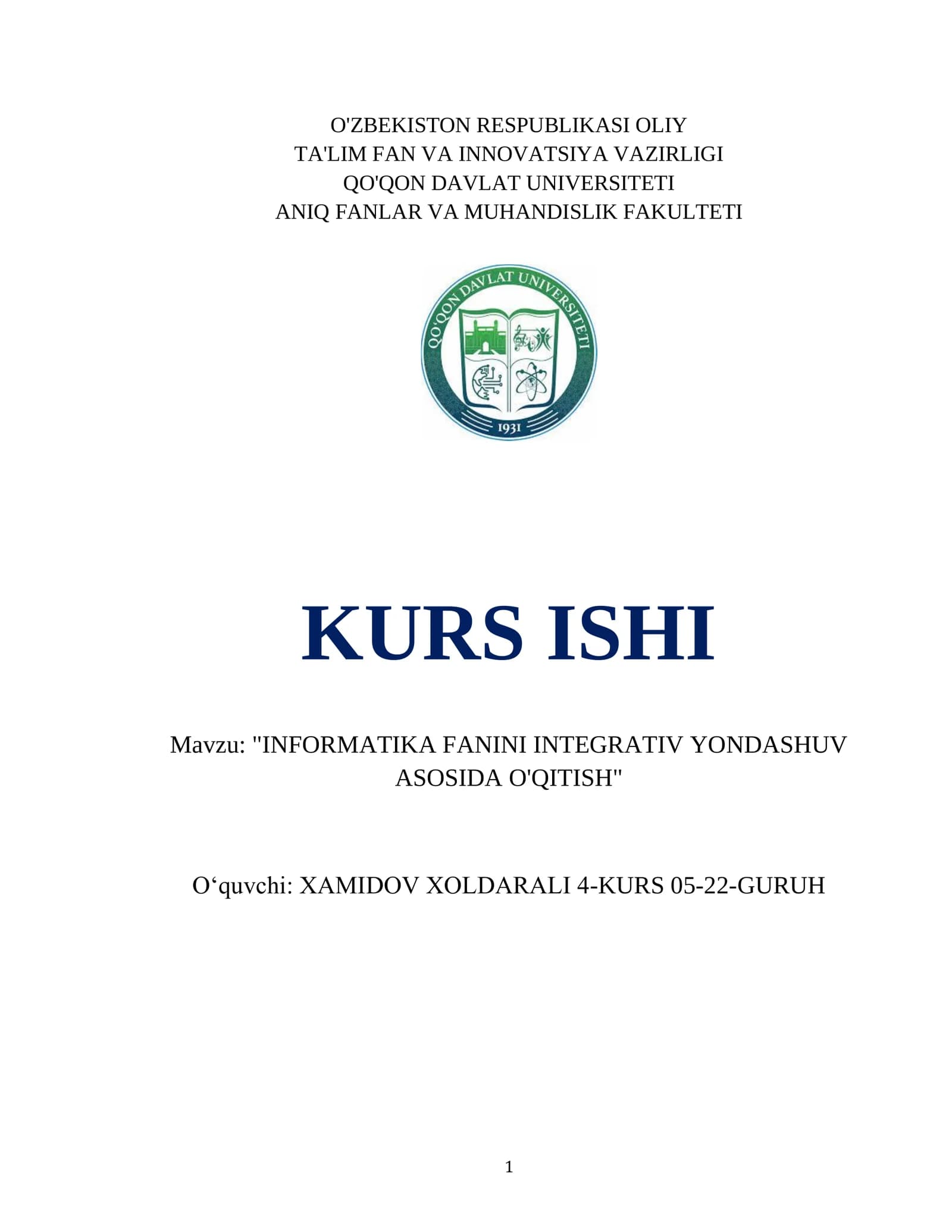 INFORMATIKA FANINI INTEGRATIV YONDASHUV ASOSIDA O'QITISH