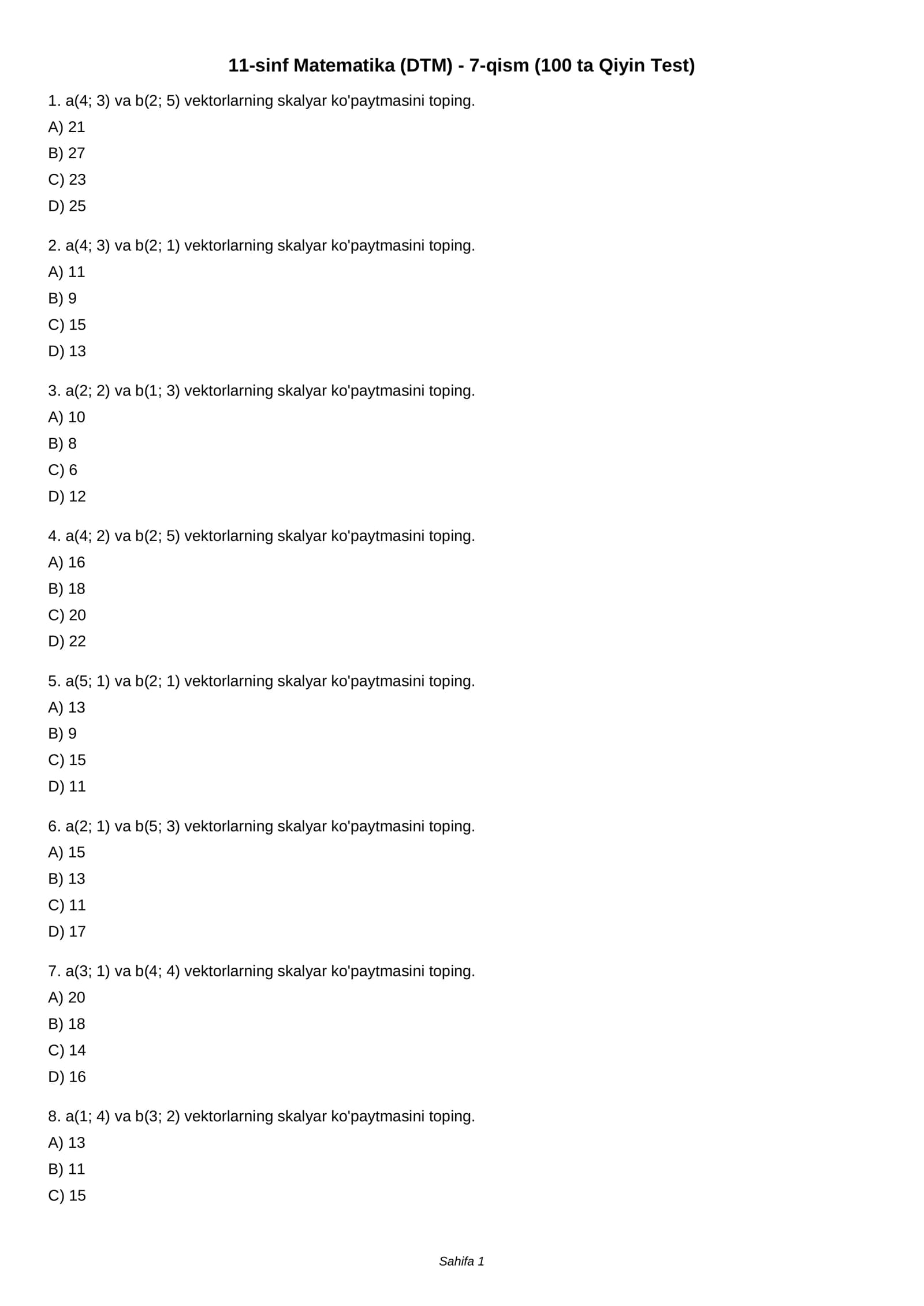 11-sinf Matematika (DTM) - 7-qism (100 ta Qiyin Test)