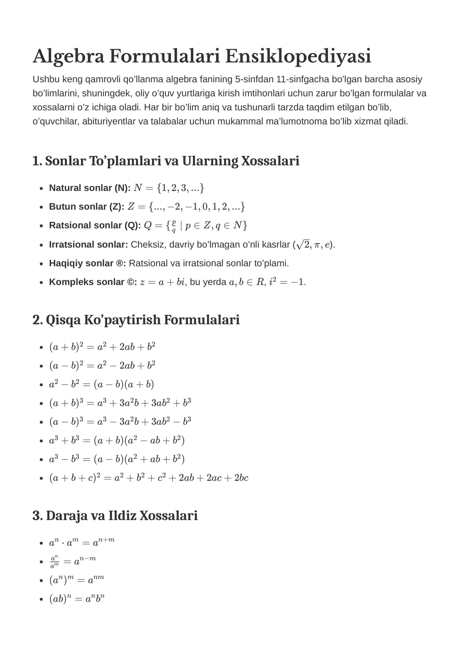 Algebra Formulalari Ensiklopediyasi