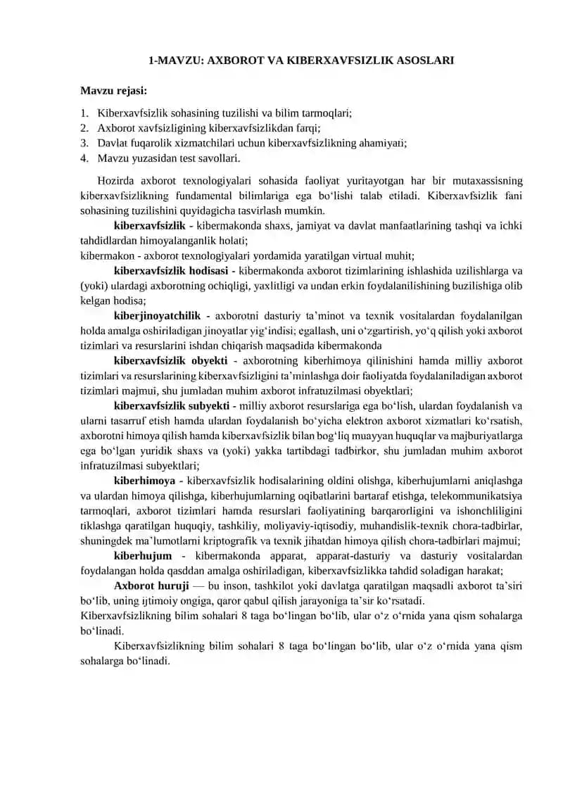 AXBOROT VA KIBERXAVFSIZLIK ASOSLARI