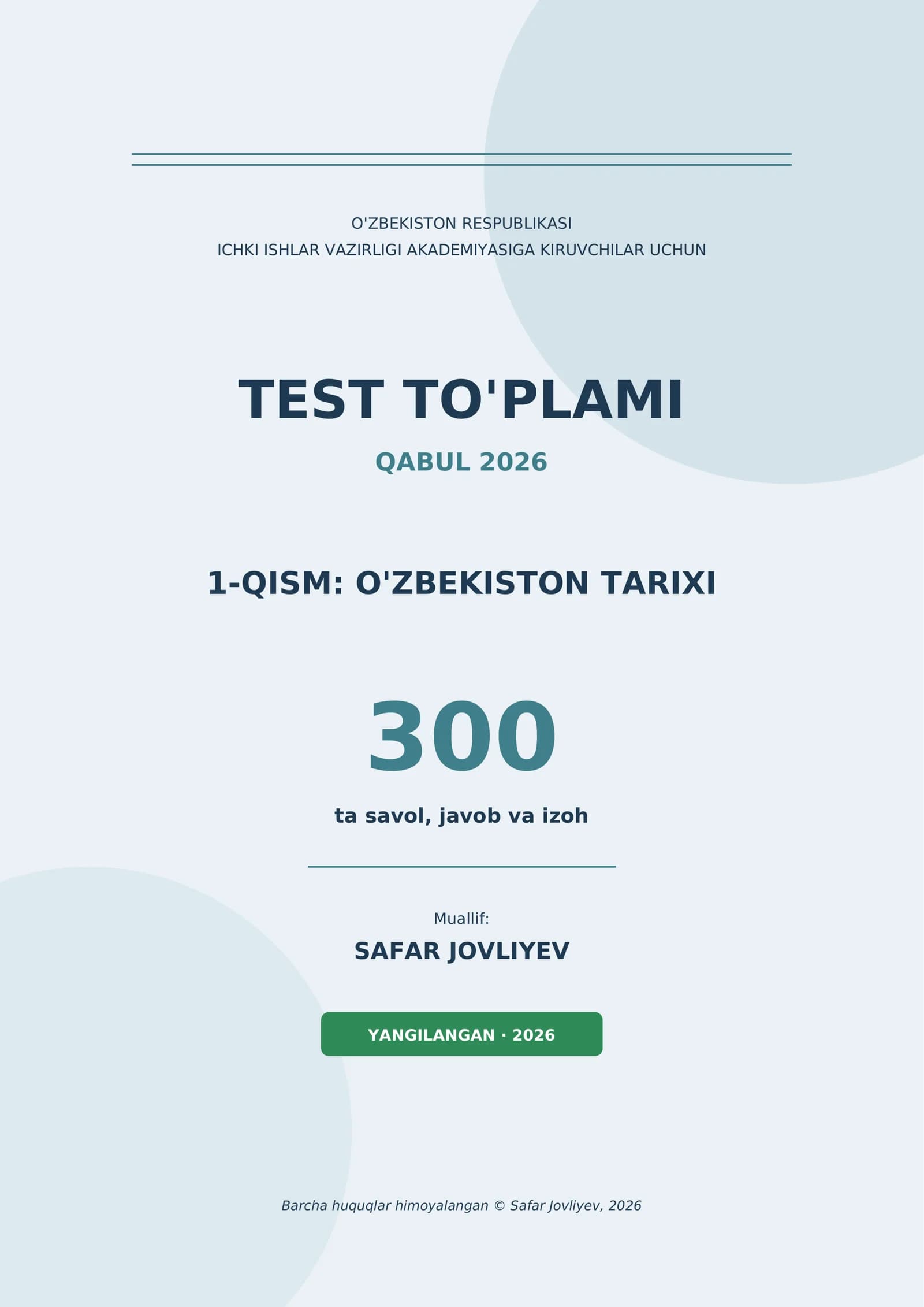 O'zbekiston tarixi Test to'plami