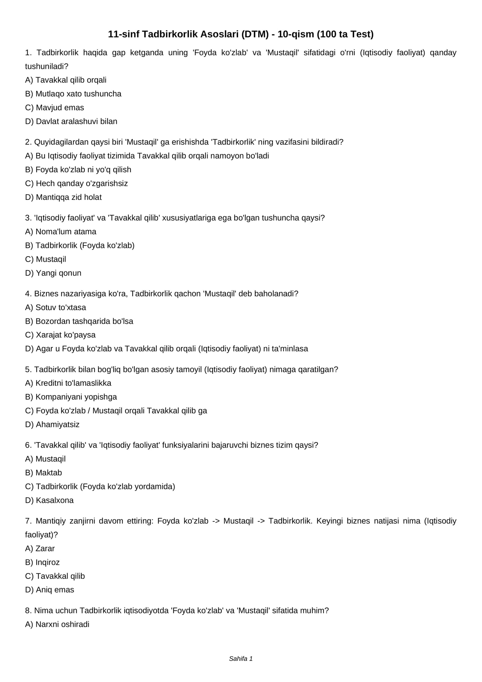 11-sinf Tadbirkorlik Asoslari (DTM) - 10-qism (100 ta Test)