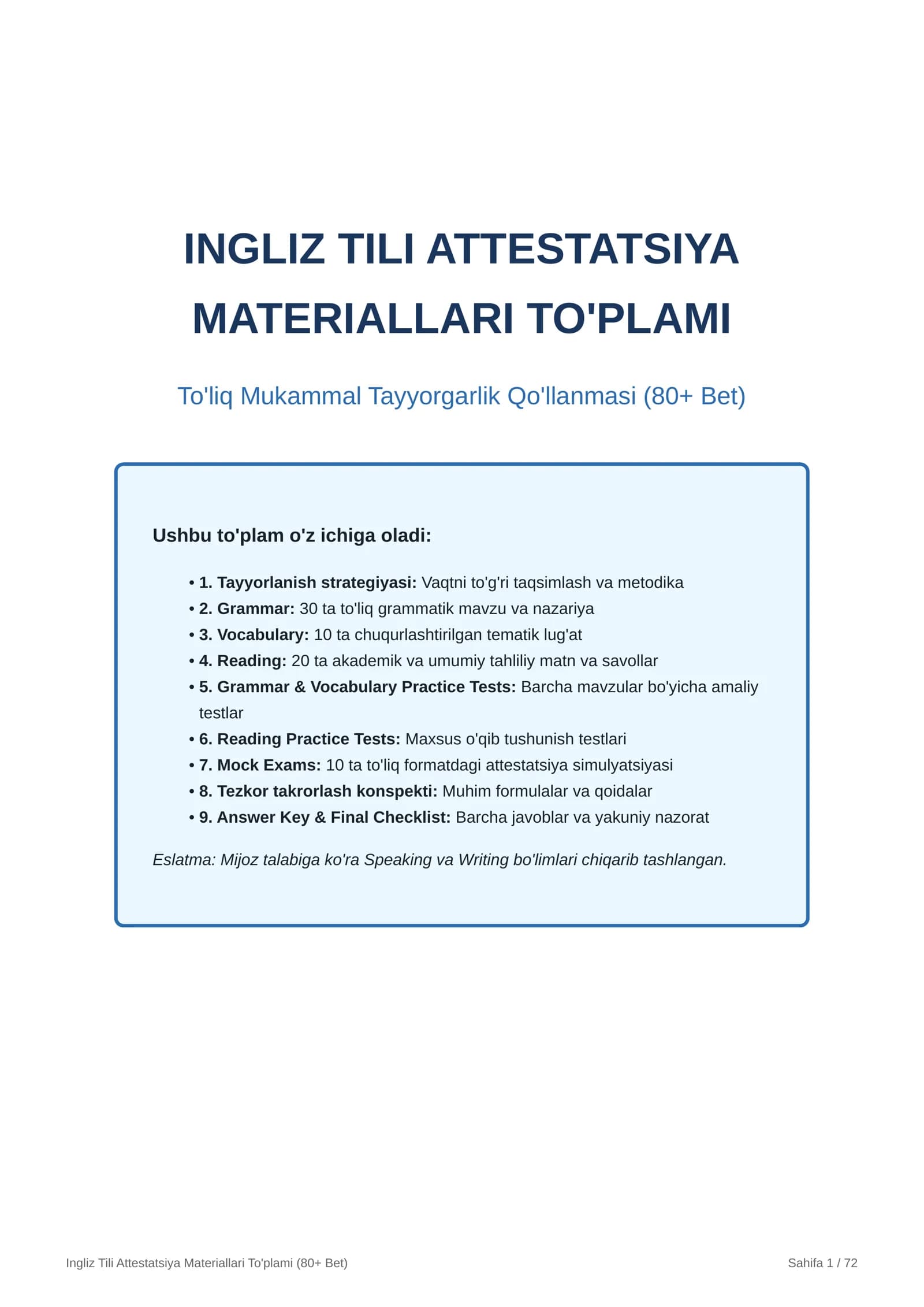 INGLIZ TILI ATTESTATSIYA MATERIALLARI TO'PLAMI