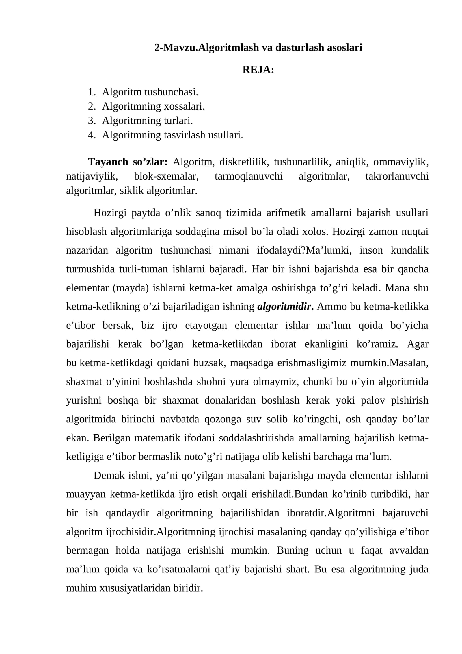Algoritmlash va dasturlash asoslari