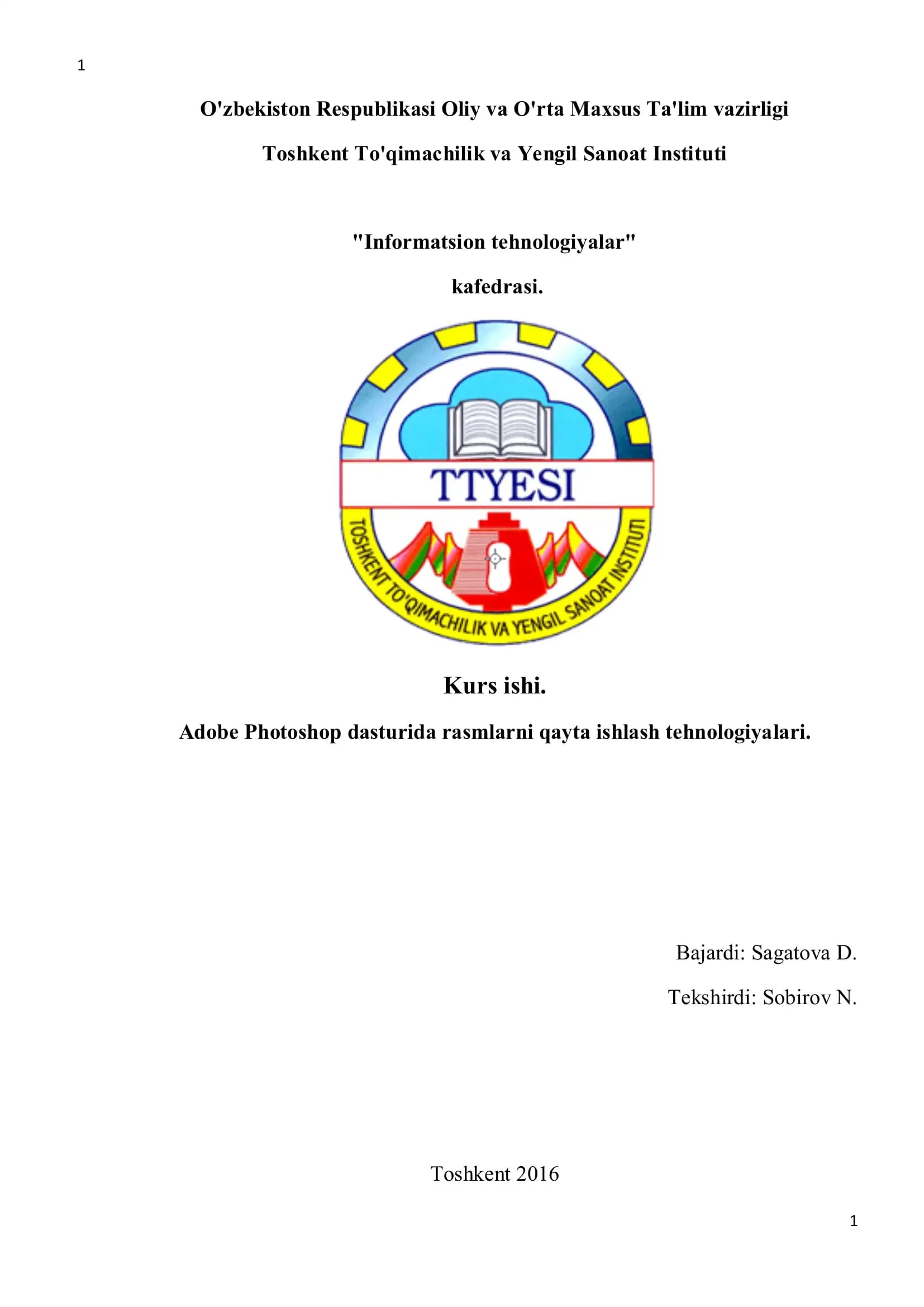 Adobe Photoshop dasturida rasmlarni qayta ishlash tehnologiyalari
