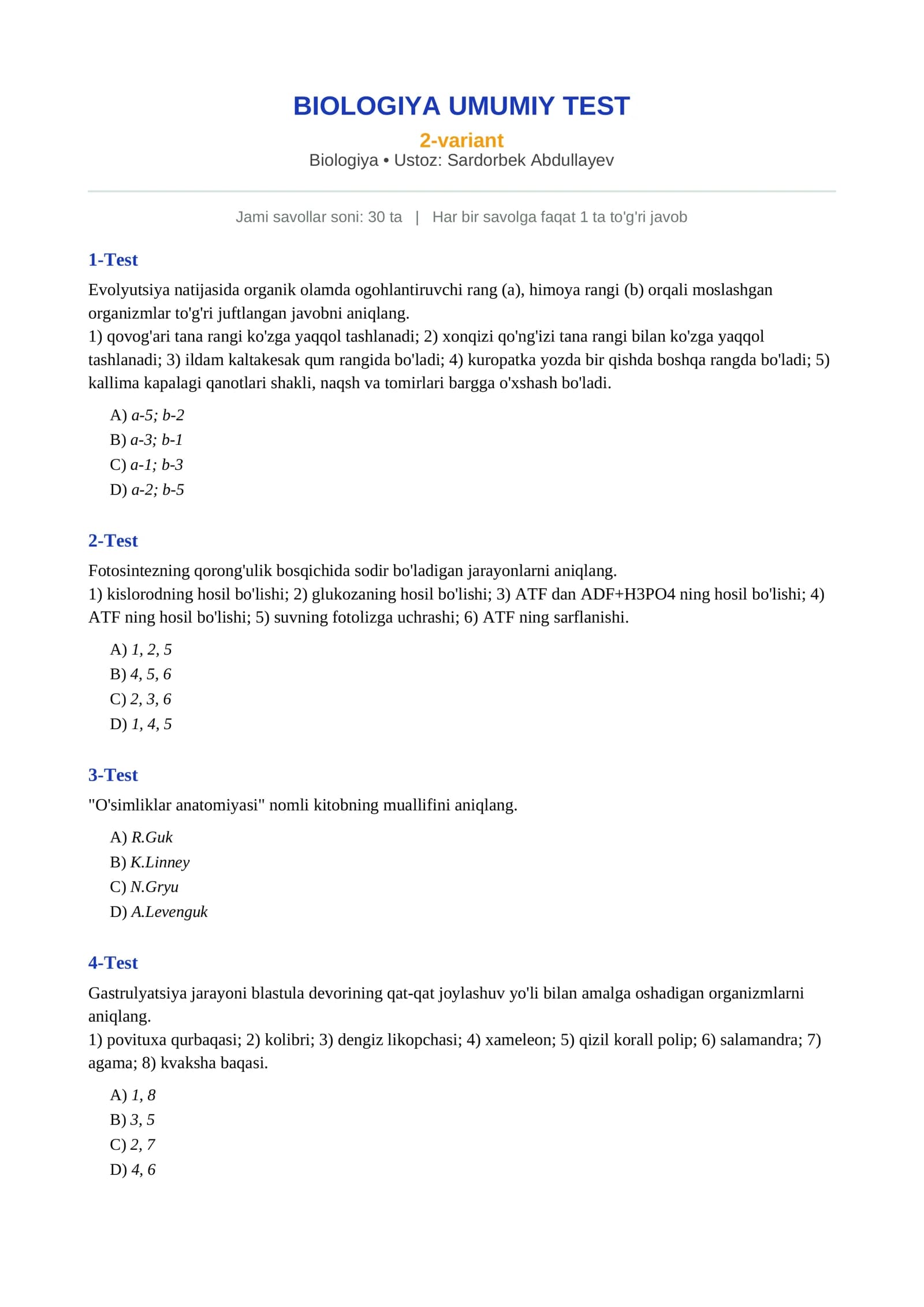 BIOLOGIYA 30 talik Mock Test javobli 2-variant