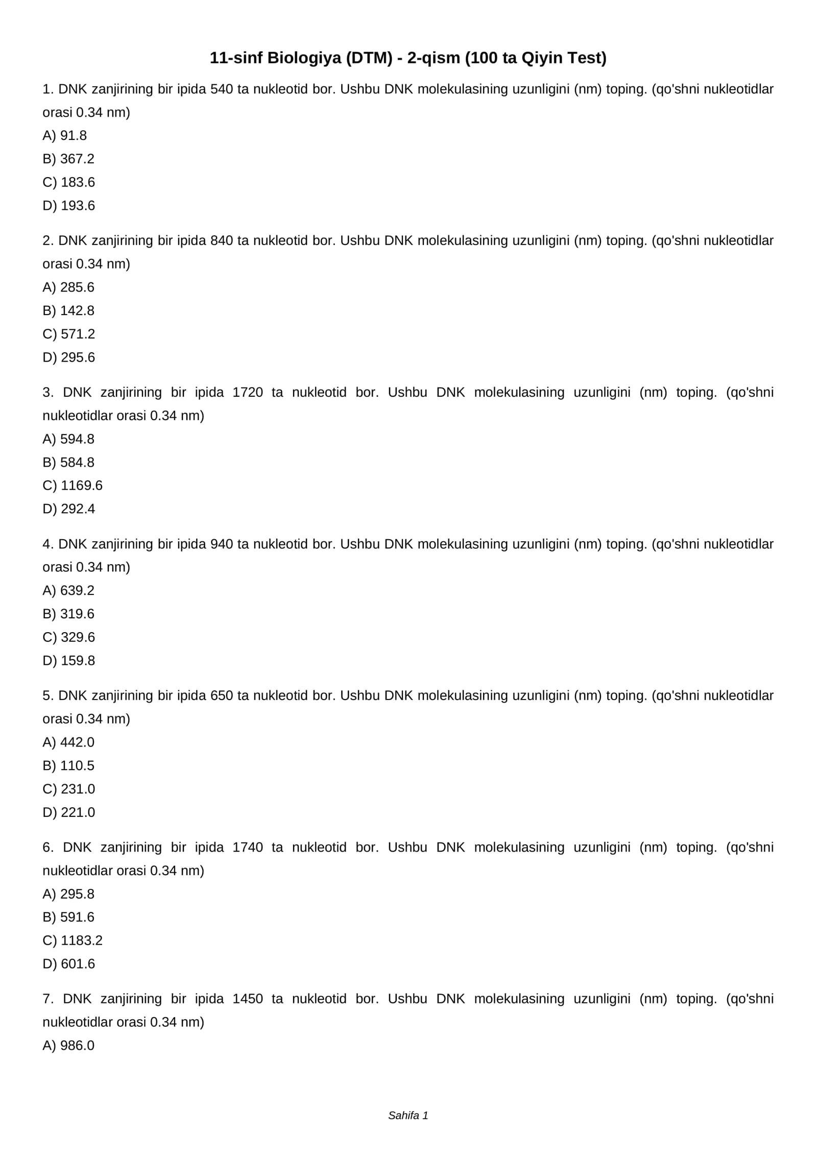 11-sinf Biologiya (DTM) - 2-qism (100 ta Qiyin Test)