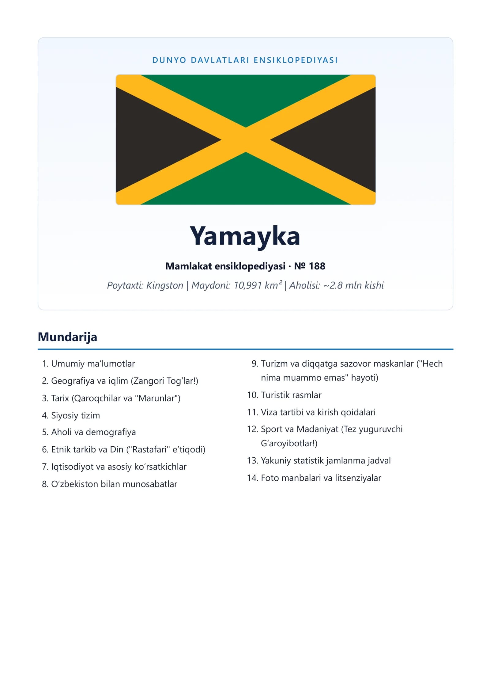 DUNYO DAVLATLARI ENSIKLOPEDIYASI: Yamayka (Jamaica)