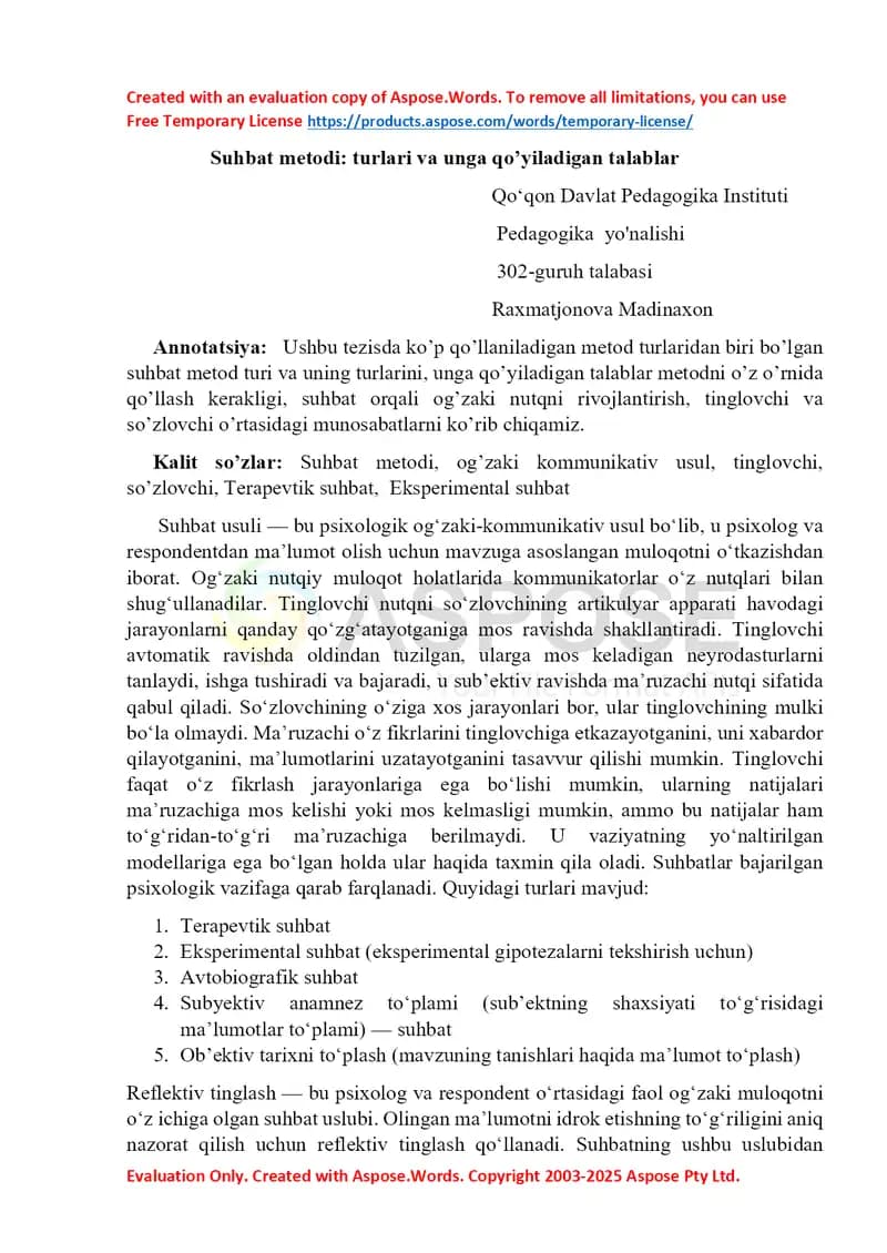 Suhbat metod turlari