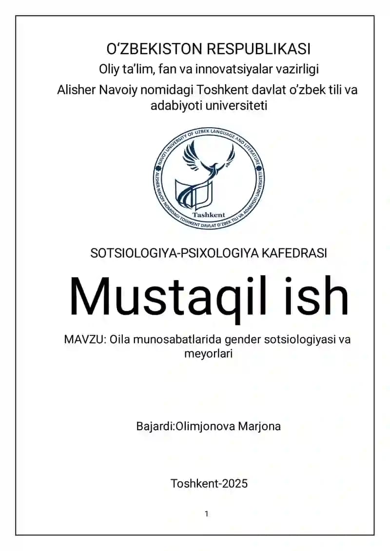 Mustaqil ish. Oila va gender munosabatlar