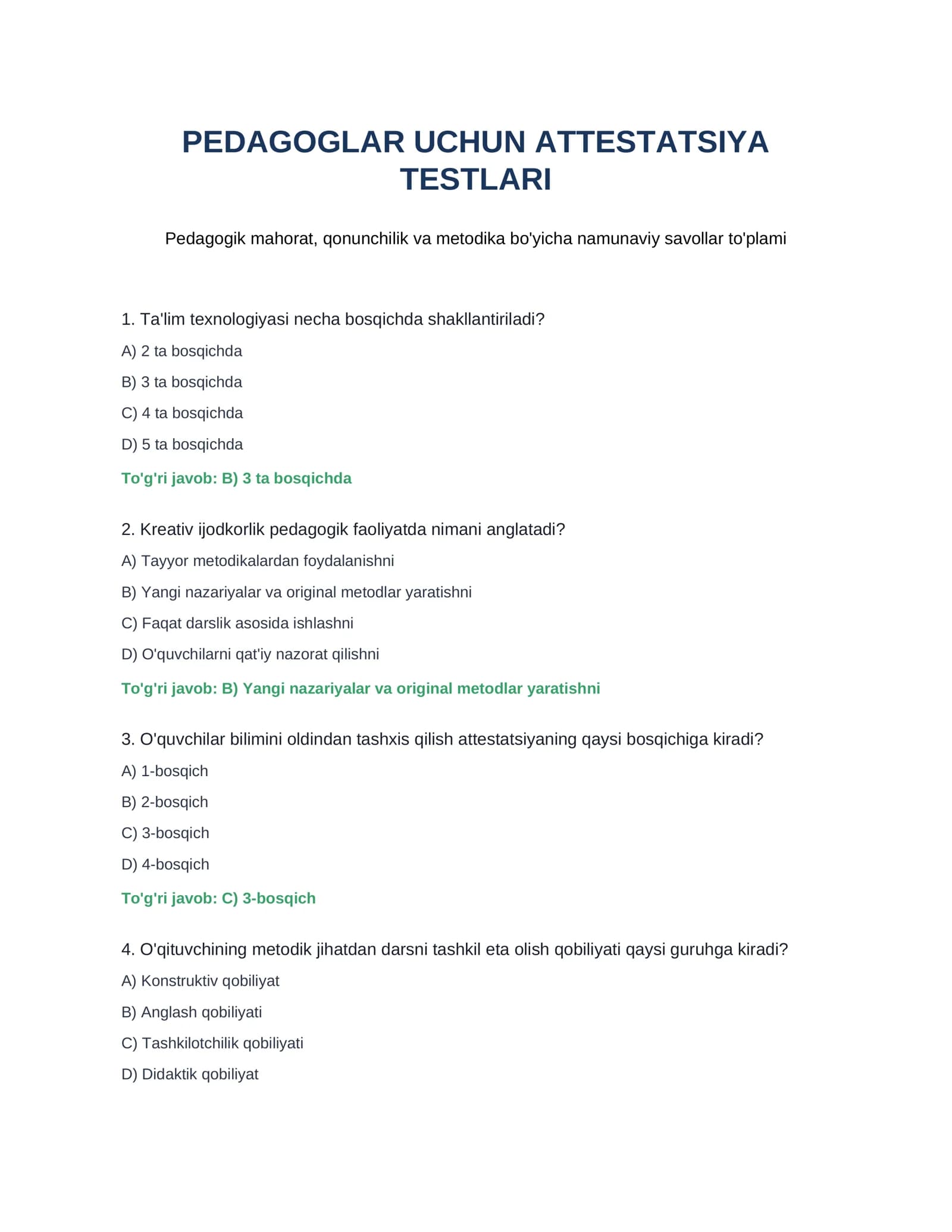 PEDAGOGLAR UCHUN ATTESTATSIYA TESTLARI