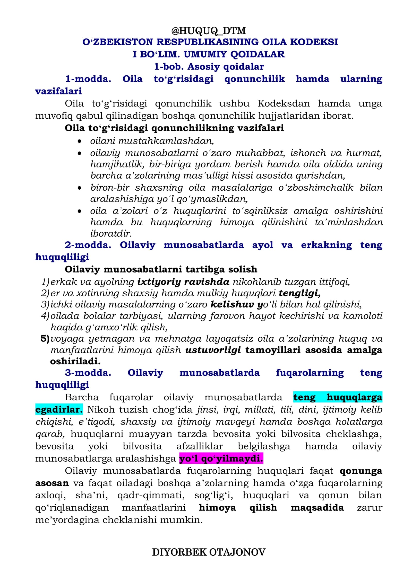 Oʻzbekiston Respublikasining Oila Kodeksi I Boʻlim