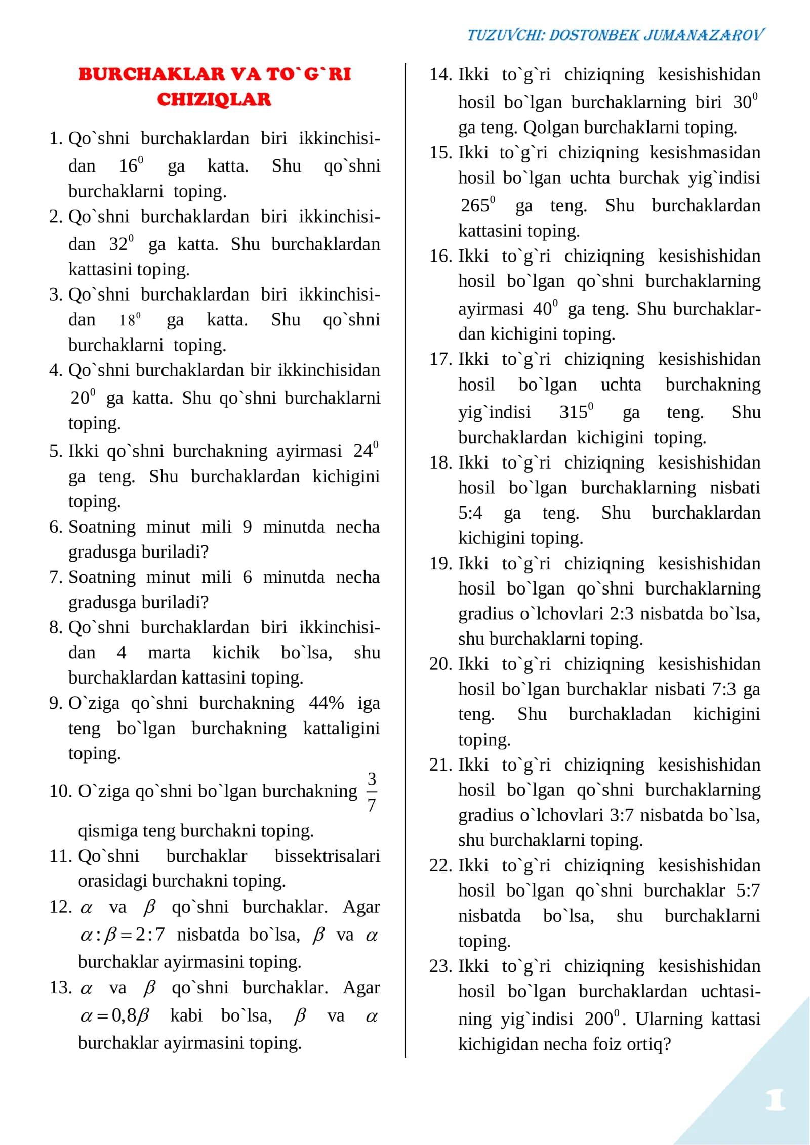 Burchaklar va To`g`ri Chiziqlar