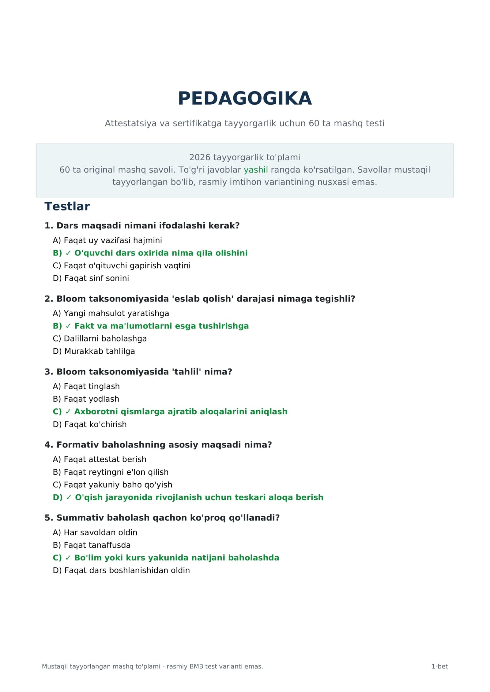 🔥 PEDAGOGIKA FANIDAN 60 TA TEST + TO‘G‘RI JAVOBLAR | ATTESTATSIYA VA SERTIFIKATGA TAYYORLOV | 2026 📚