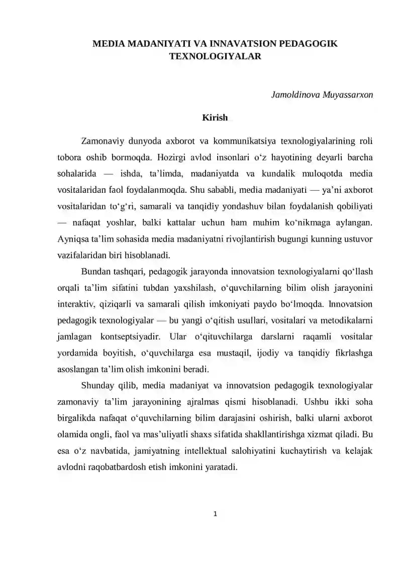 MEDIA MADANIYATI VA INNAVATSION PEDAGOGIK TEXNOLOGIYALAR