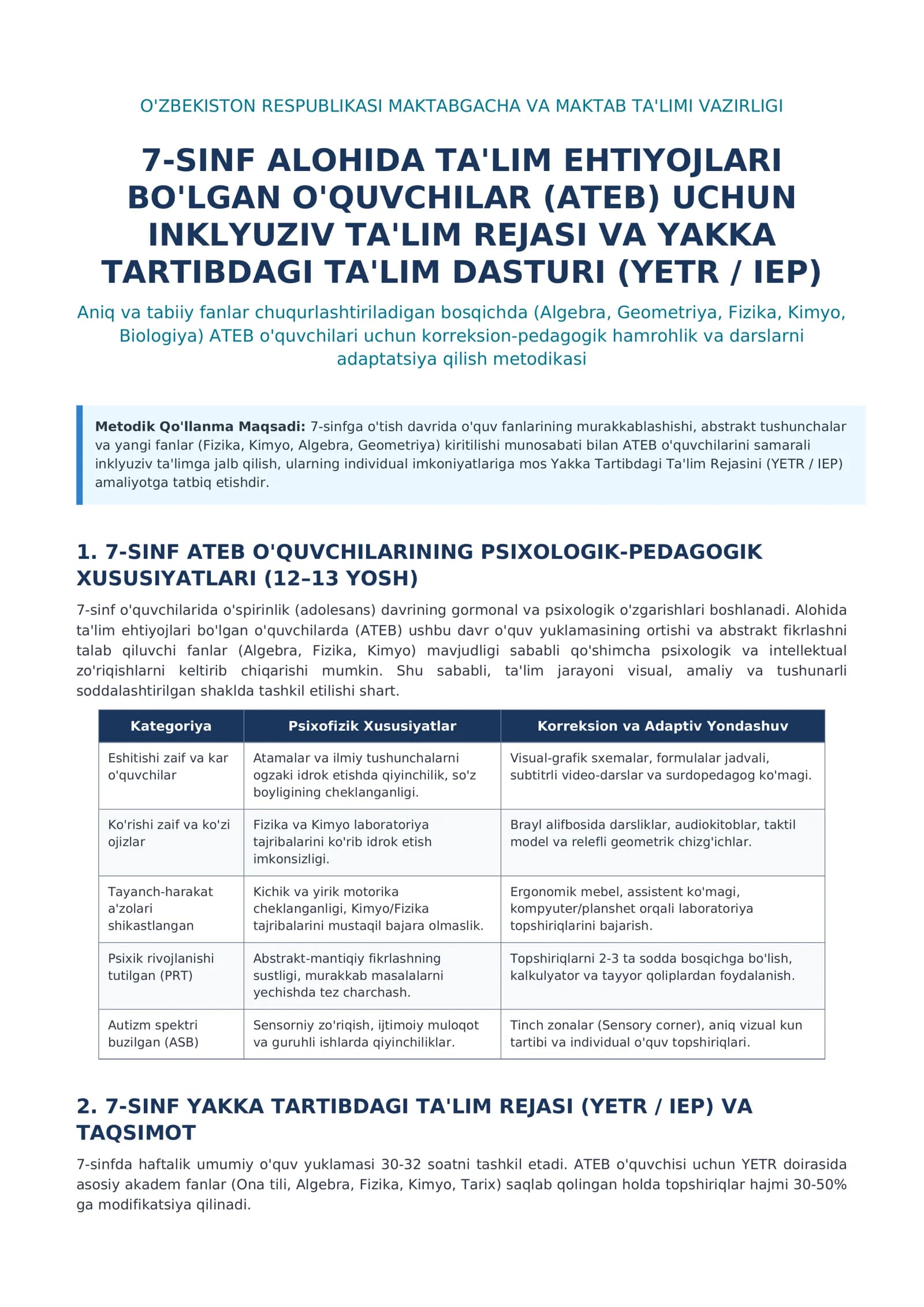 Aniq va tabiiy fanlar chuqurlashtiriladigan bosqichda ATEB o'quvchilari uchun korreksion-pedagogik hamrohlik va darslarni adaptatsiya qilish metodikasi