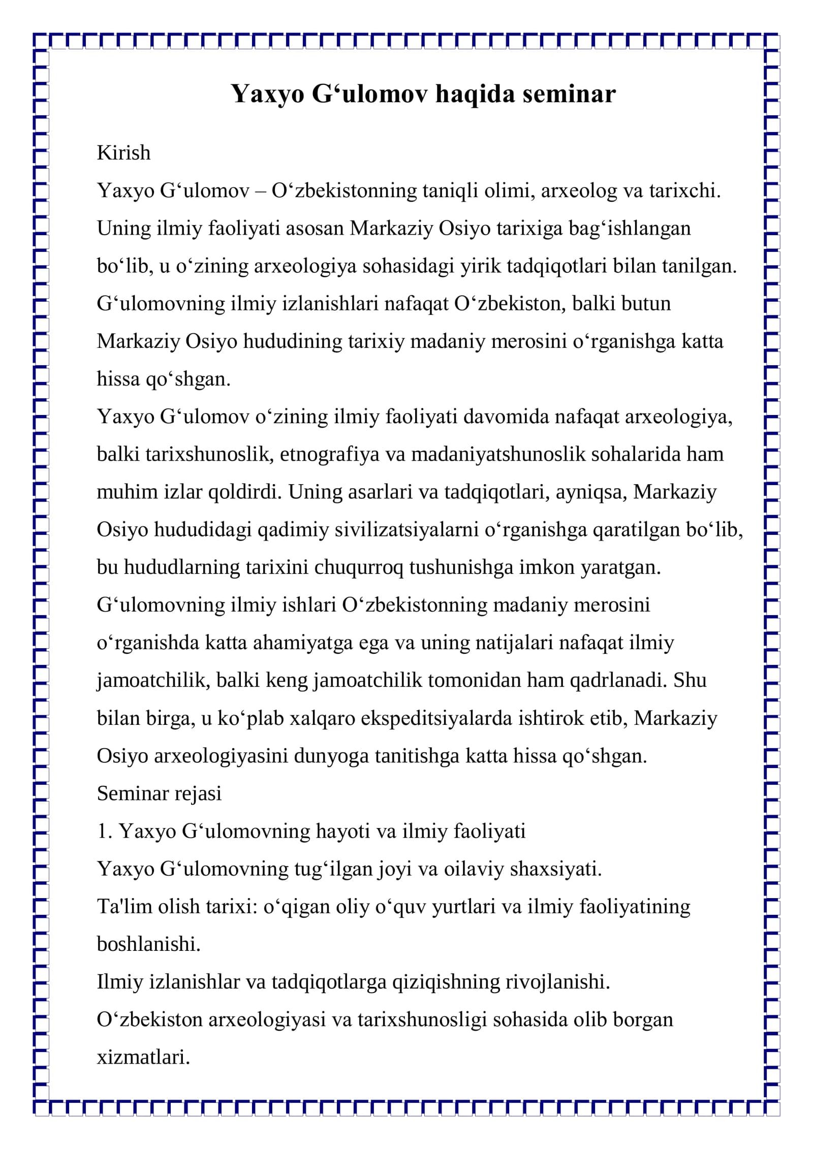 Yaxyo G‘ulomov haqida seminar